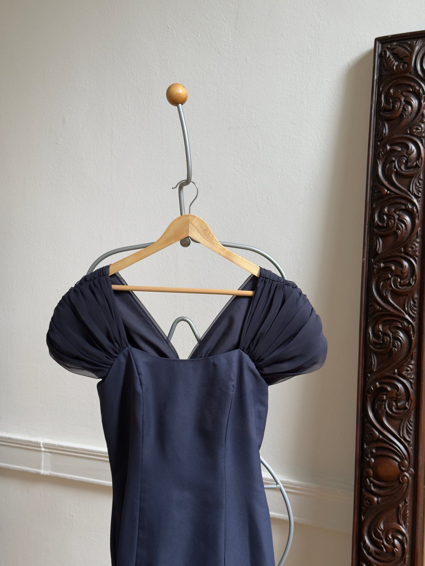 Vintage 70's Navy Blue Chiffon Evening Dress with Bow and Small Train