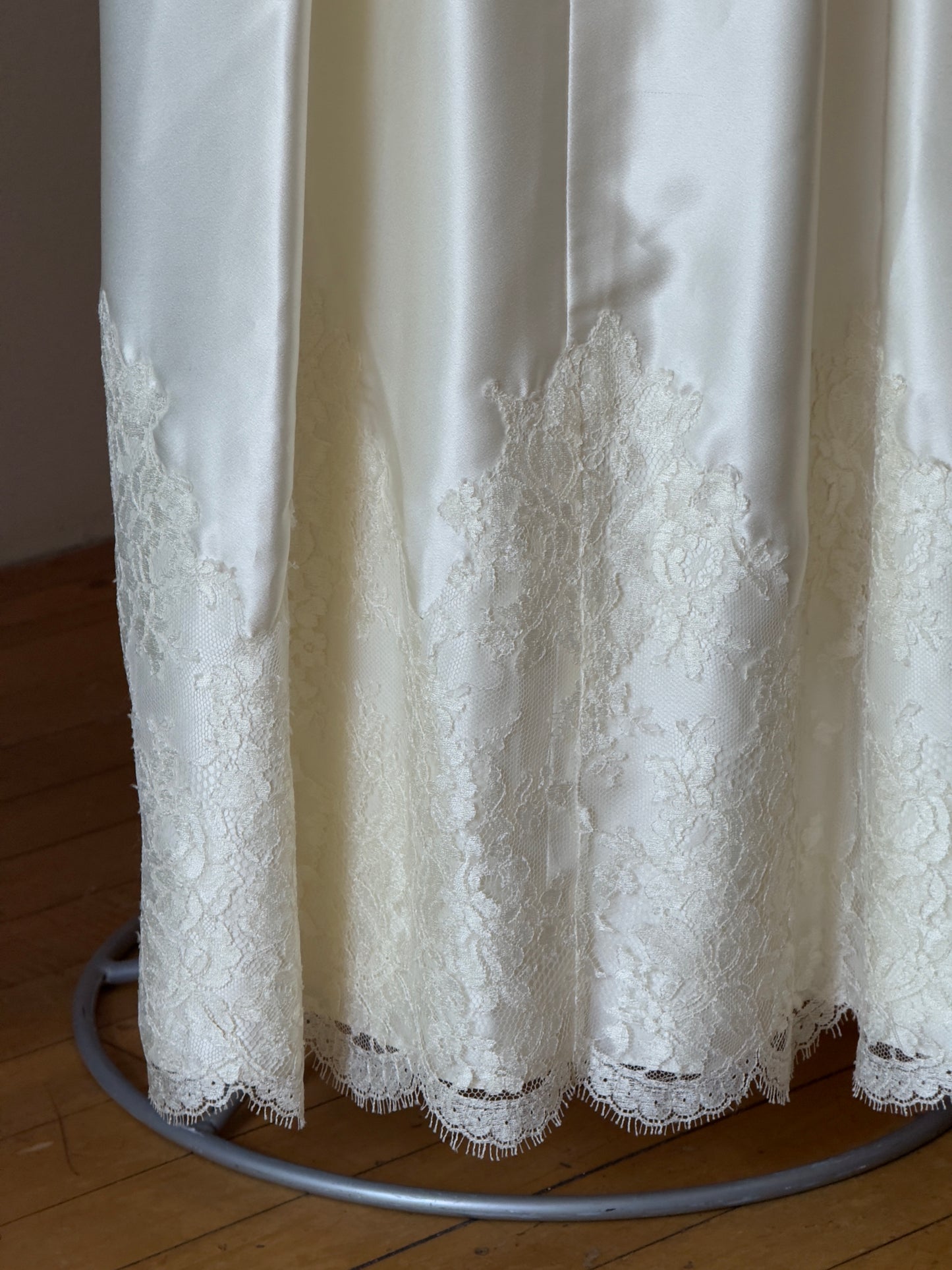 Vintage 70's Silky Long Sleeve Satin Wedding Dress with Lace Detailing