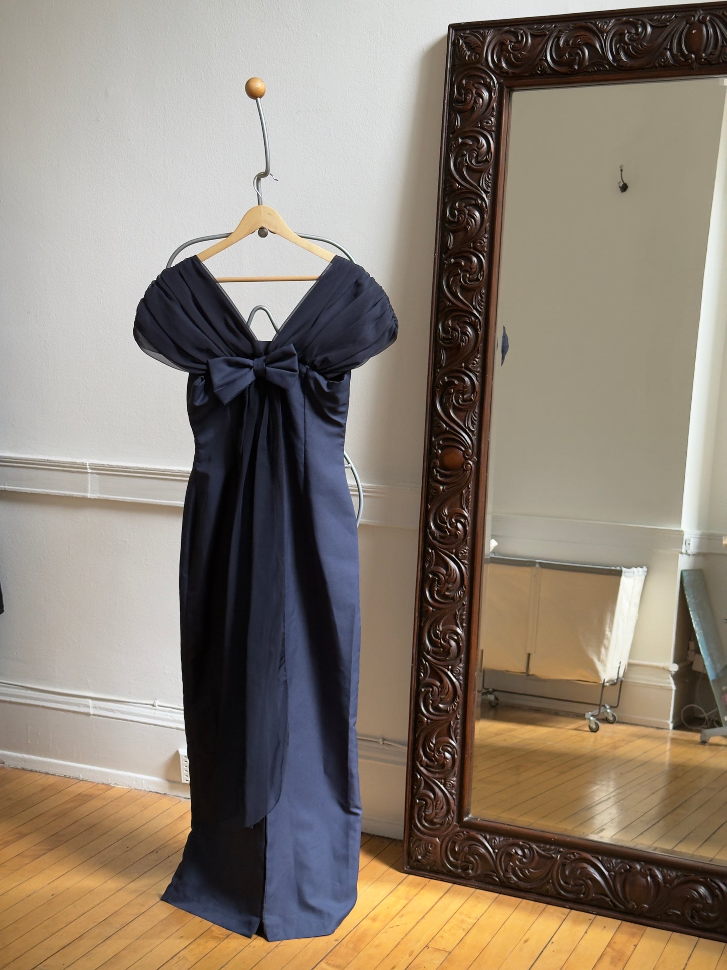 Vintage 70's Navy Blue Chiffon Evening Dress with Bow and Small Train