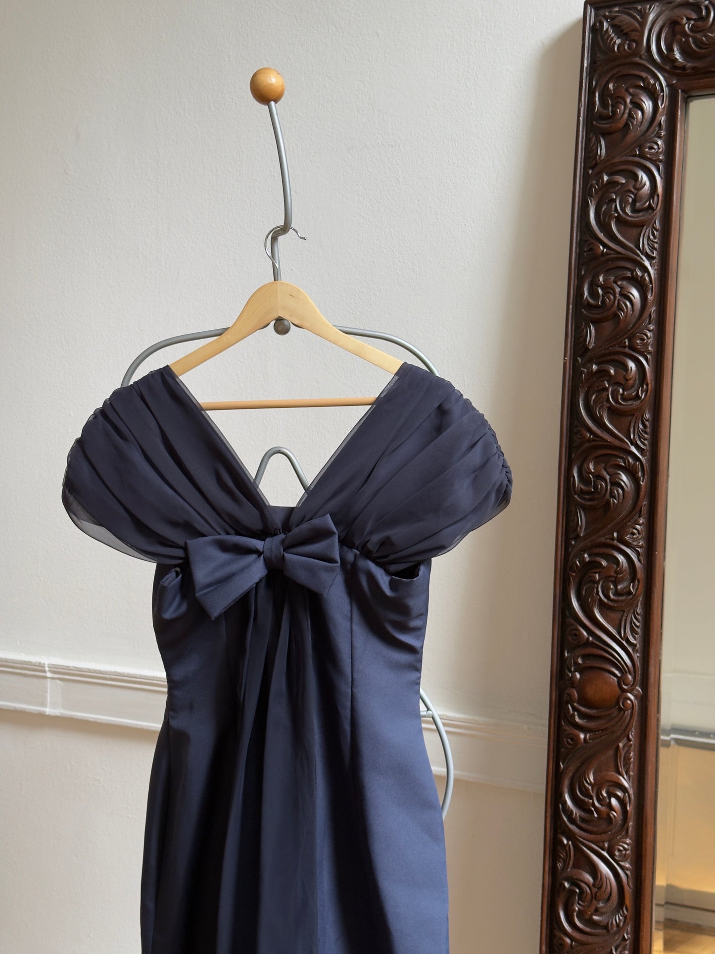 Vintage 70's Navy Blue Chiffon Evening Dress with Bow and Small Train