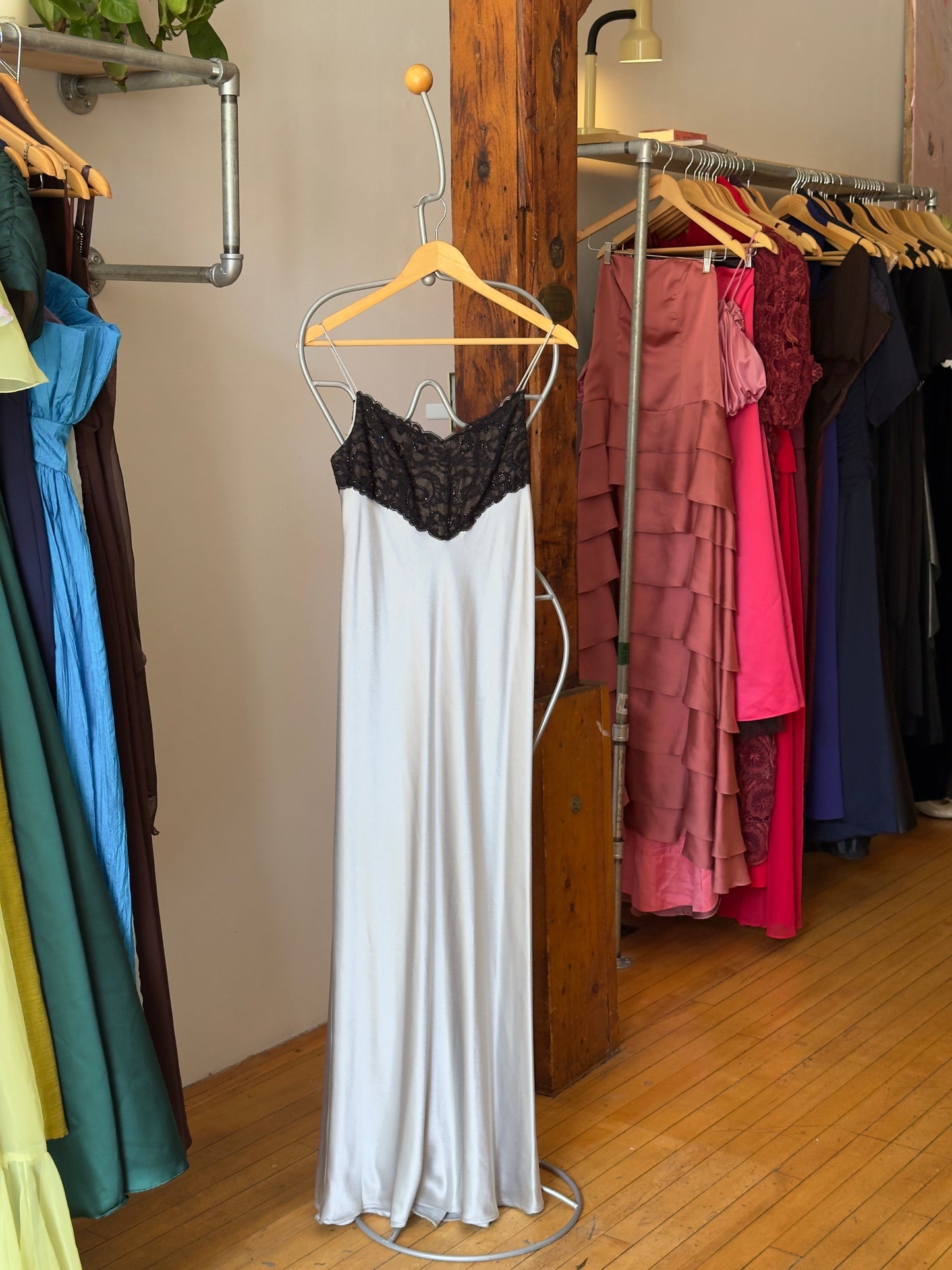Vintage 90's Ice Blue/Silver Satin Evening Dress