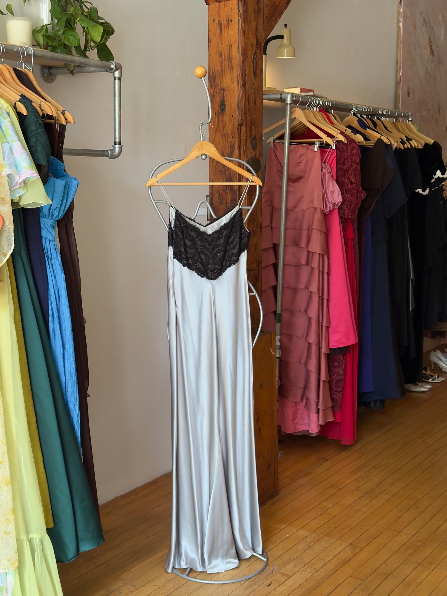 Vintage 90's Ice Blue/Silver Satin Evening Dress