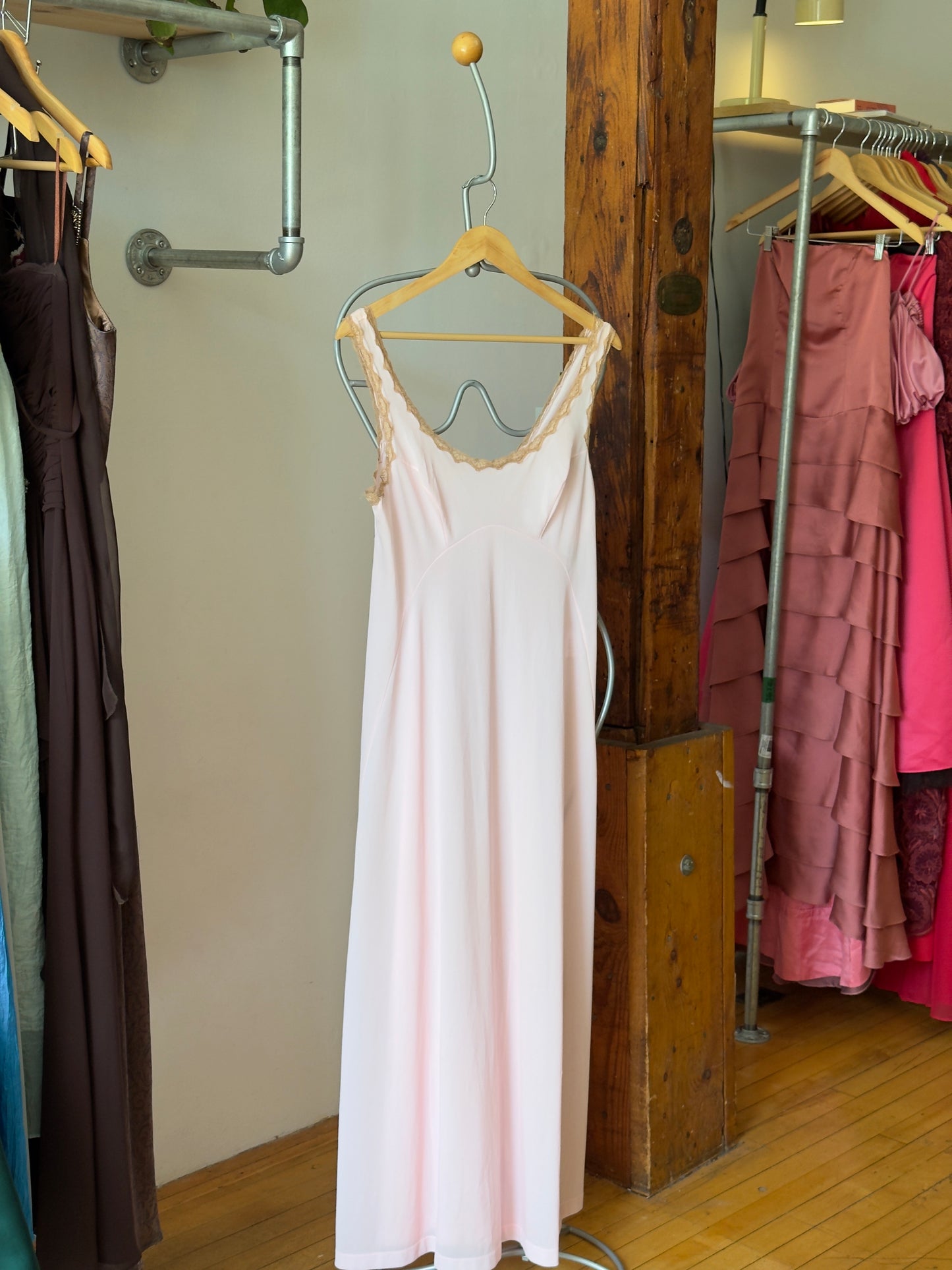 Vintage 70's Pink Maxi Slip Dress/Nightgown with Lace Detailing