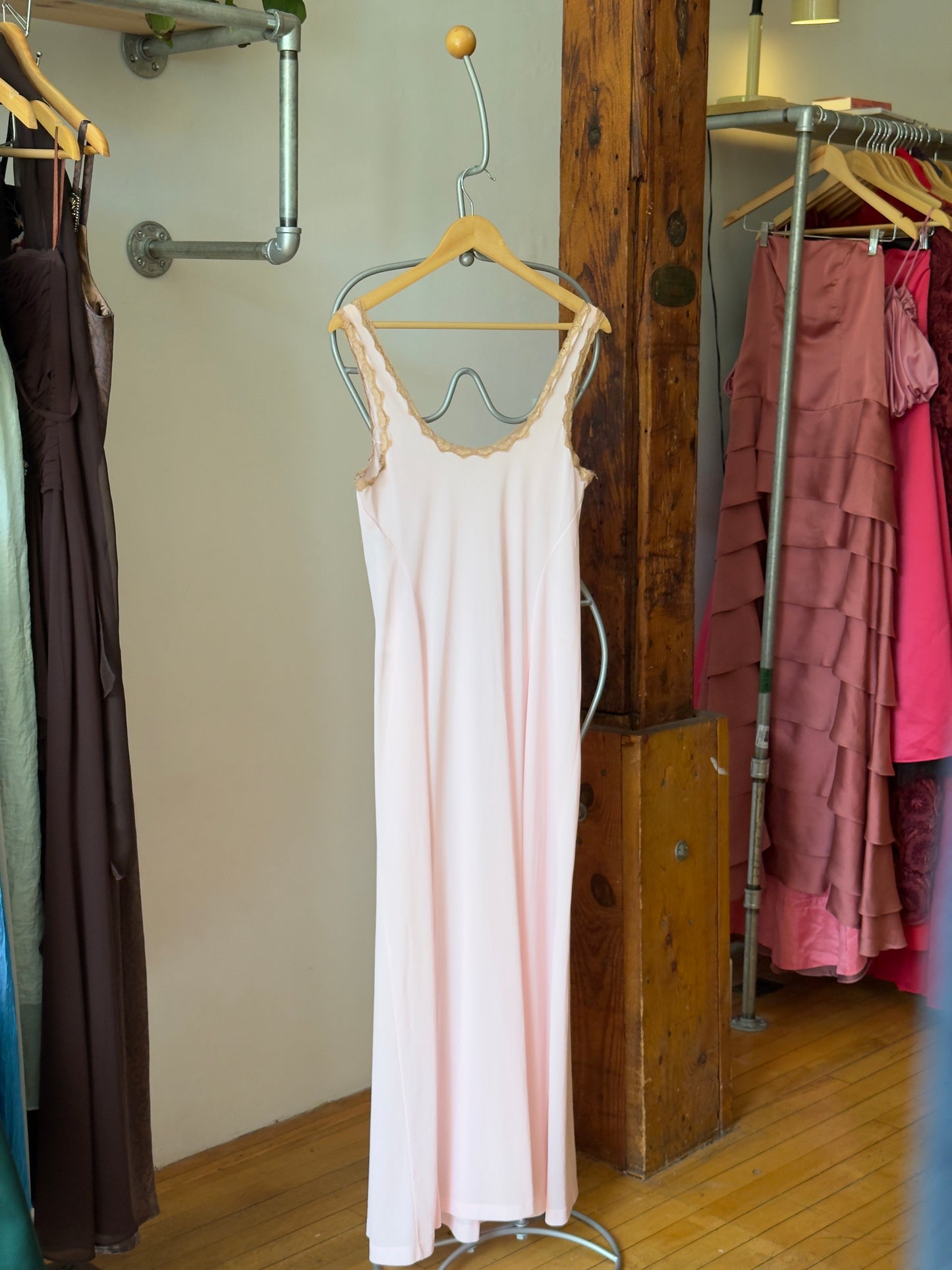 Vintage 70's Pink Maxi Slip Dress/Nightgown with Lace Detailing
