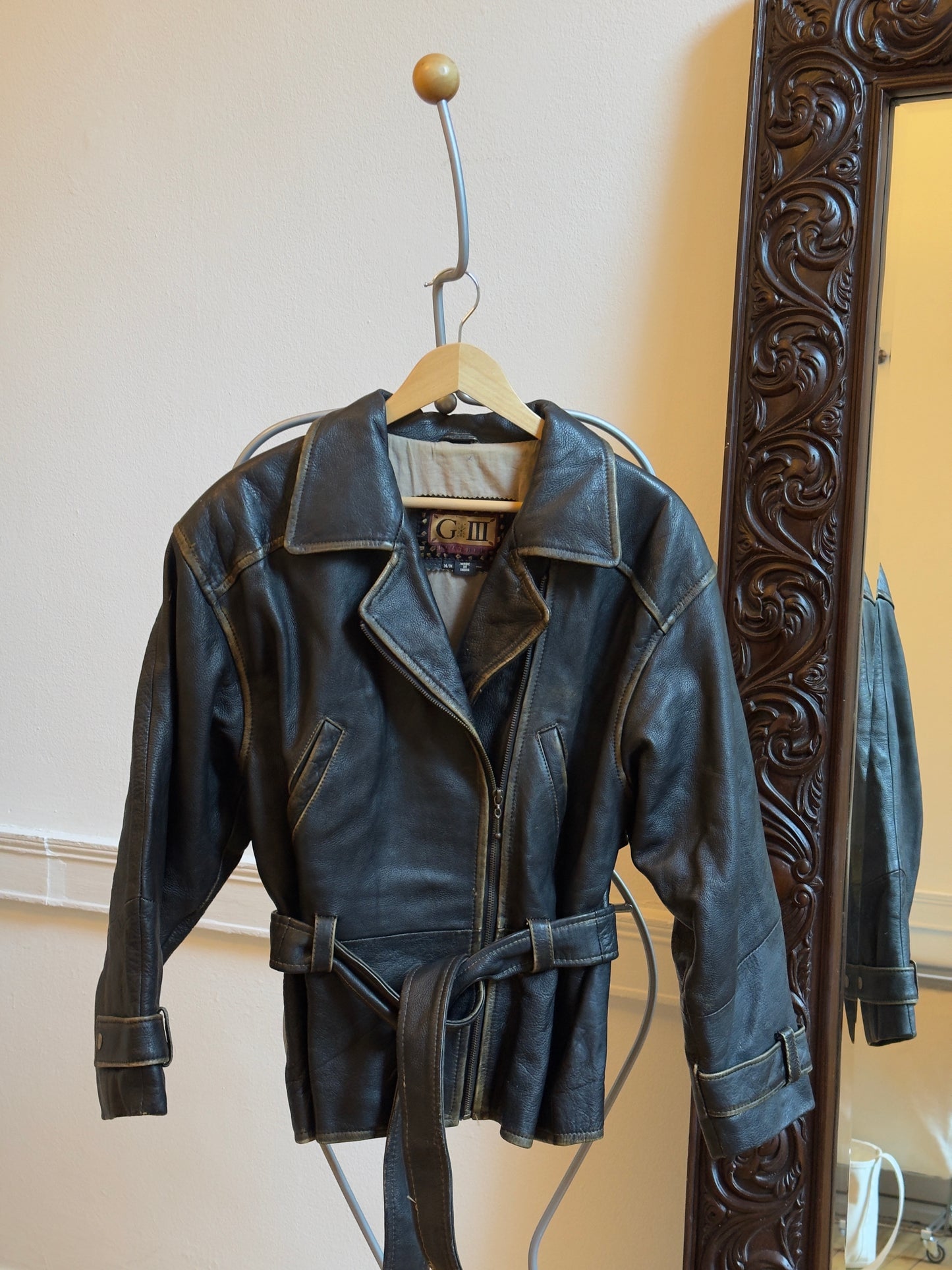 Vintage 90's Distressed Brown Leather Jacket with Belt