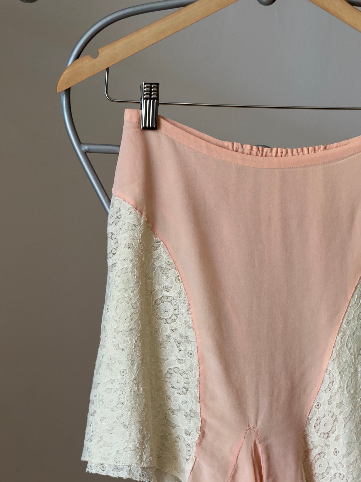 Vintage 30's Pink Crepe Tap Shorts with Cream Lace Detailing