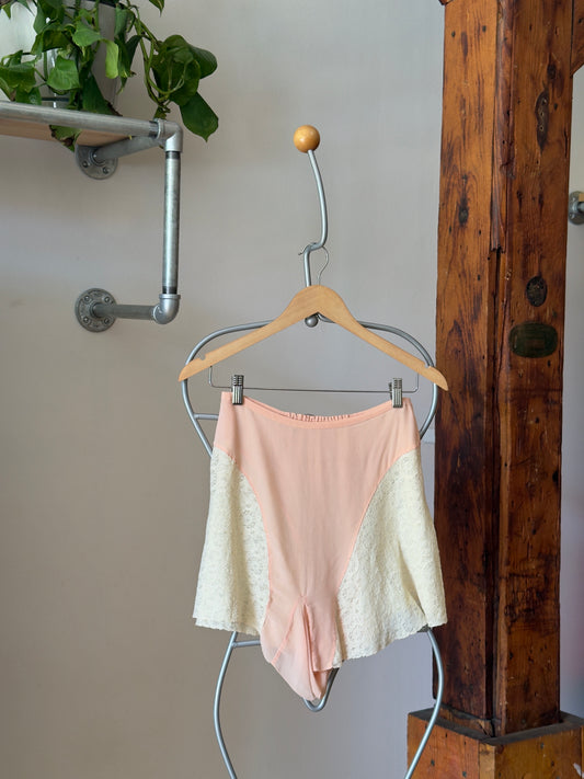 Vintage 30's Pink Crepe Tap Shorts with Cream Lace Detailing