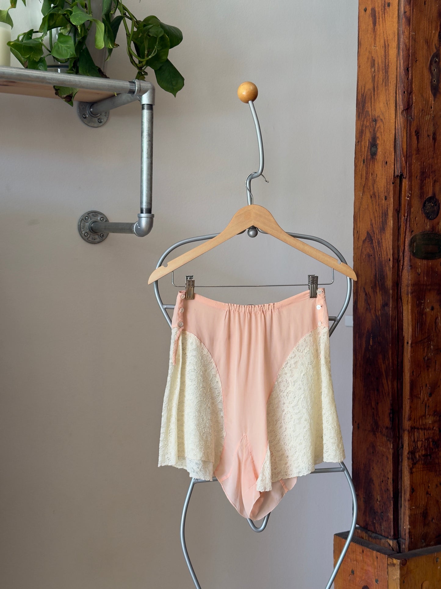 Vintage 30's Pink Crepe Tap Shorts with Cream Lace Detailing