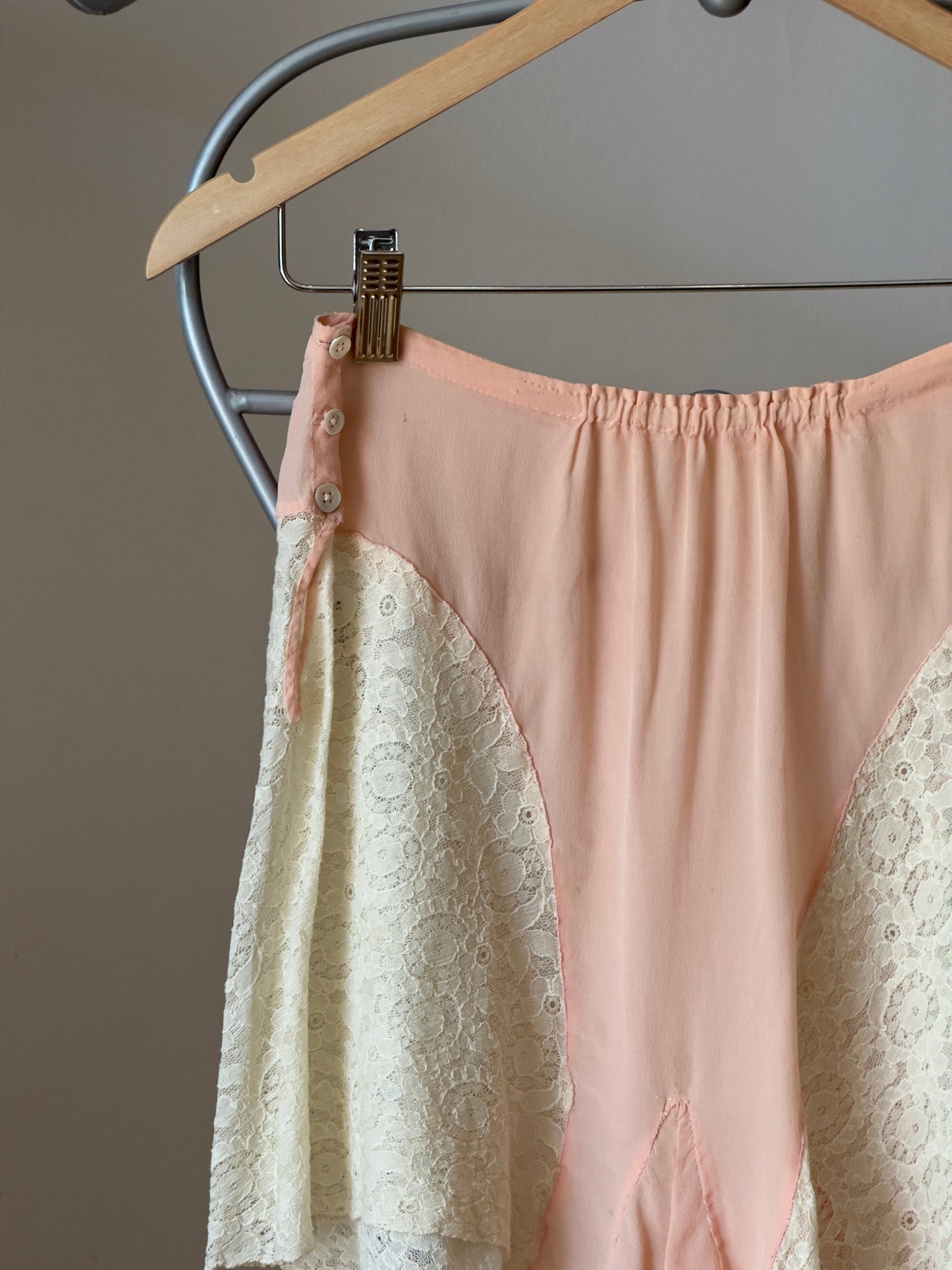 Vintage 30's Pink Crepe Tap Shorts with Cream Lace Detailing