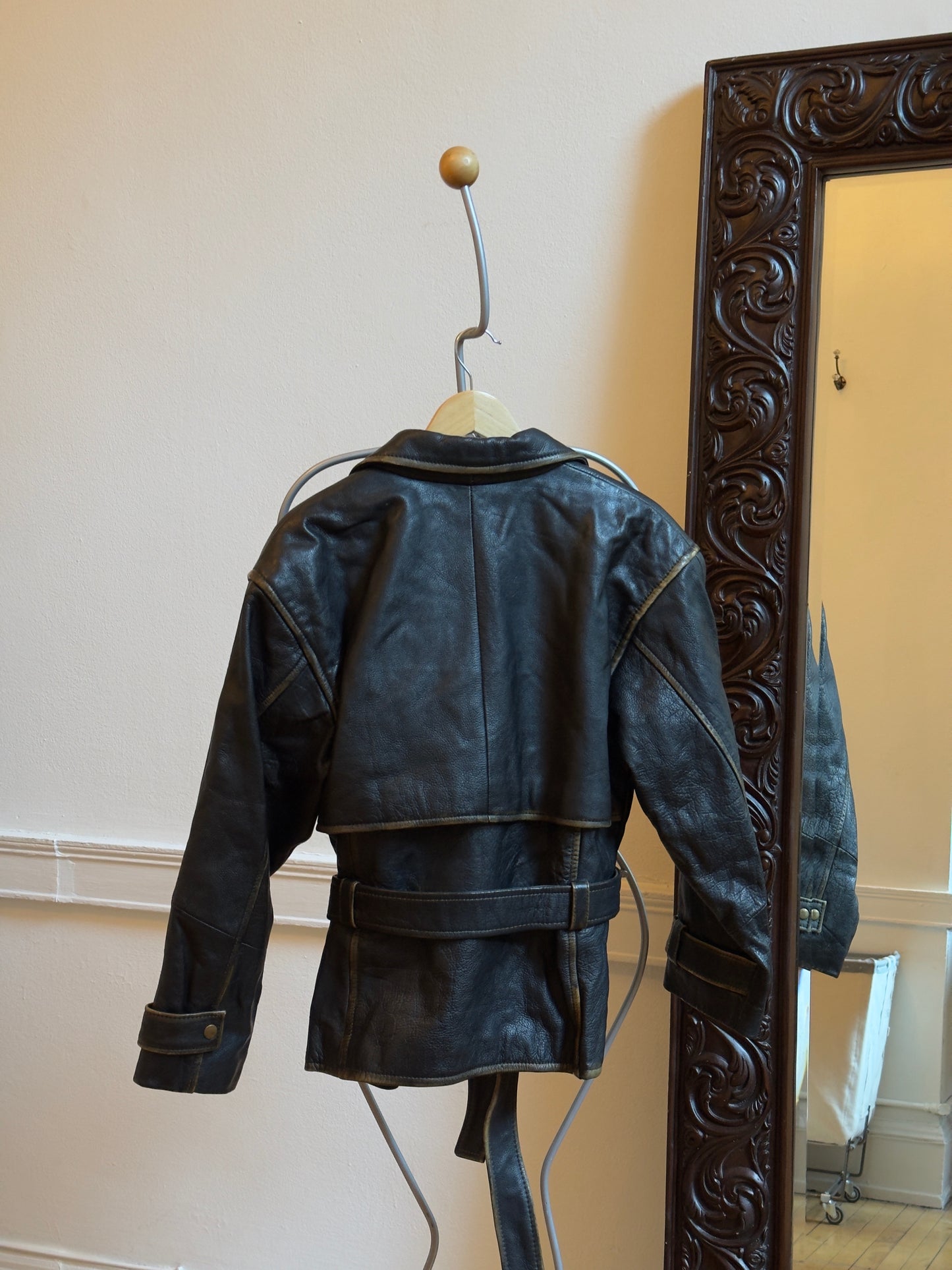 Vintage 90's Distressed Brown Leather Jacket with Belt