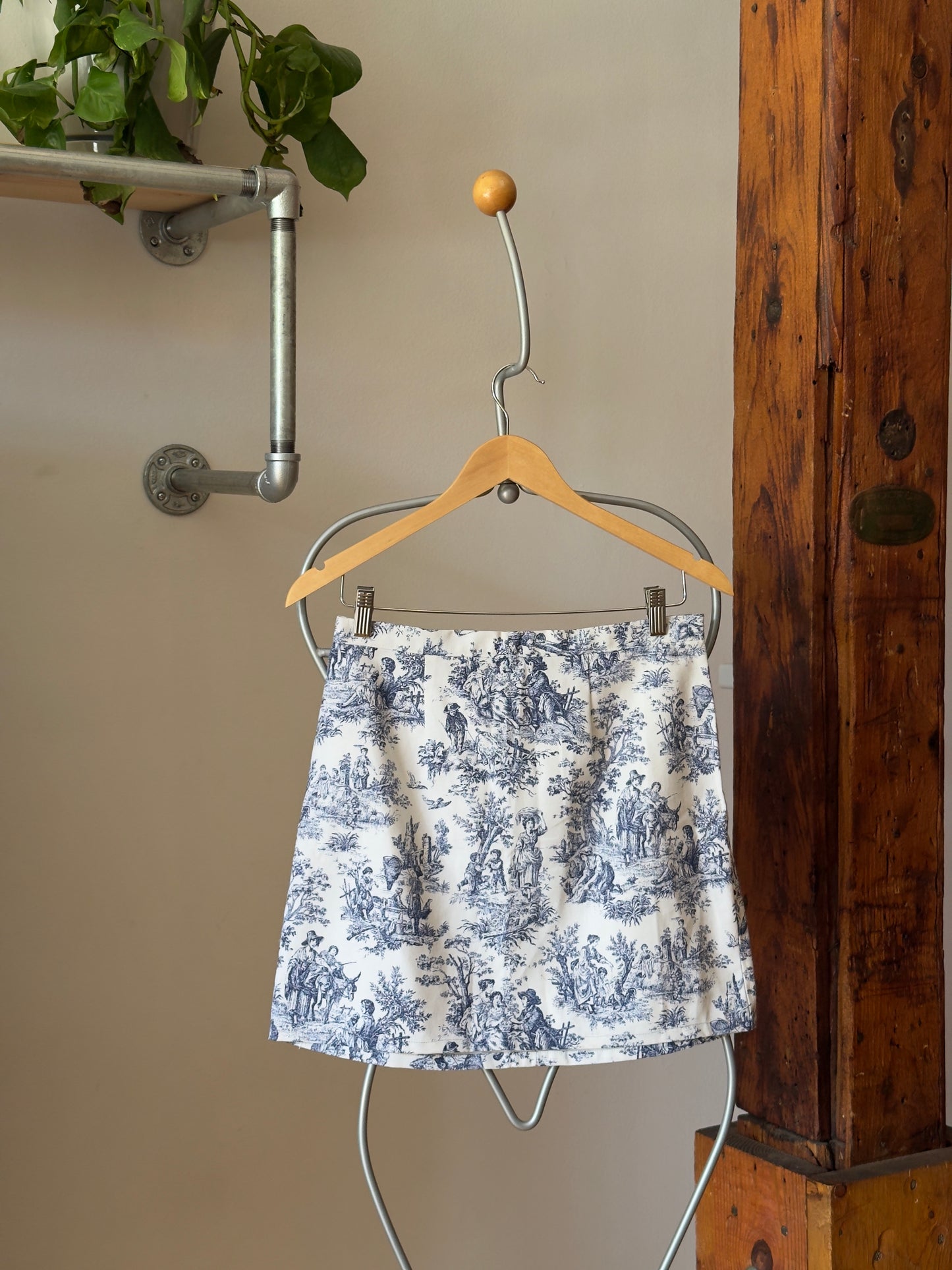Vintage Reworked Cotton Fabric Blue Toile Mini Skirt