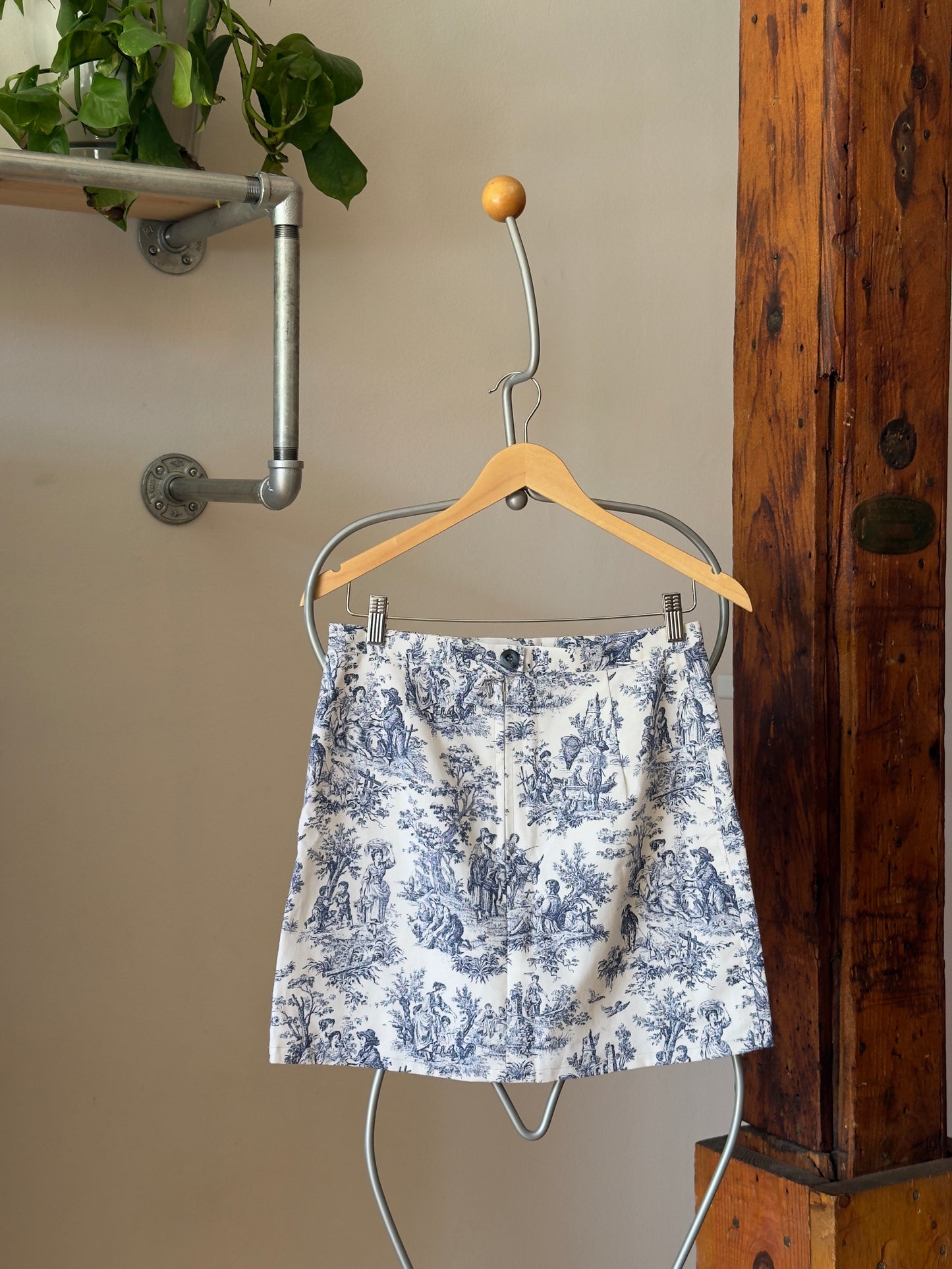 Vintage Reworked Cotton Fabric Blue Toile Mini Skirt