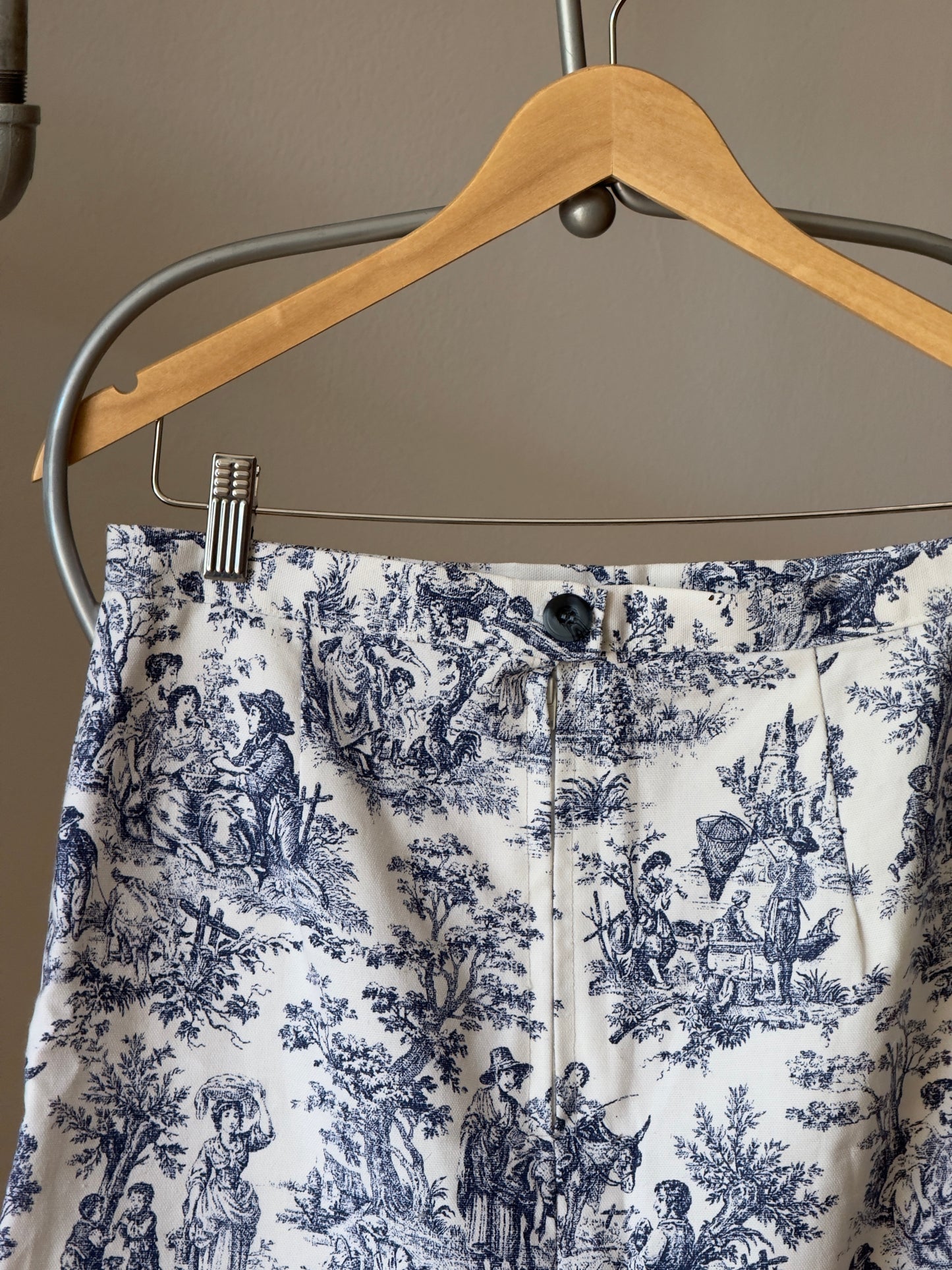 Vintage Reworked Cotton Fabric Blue Toile Mini Skirt