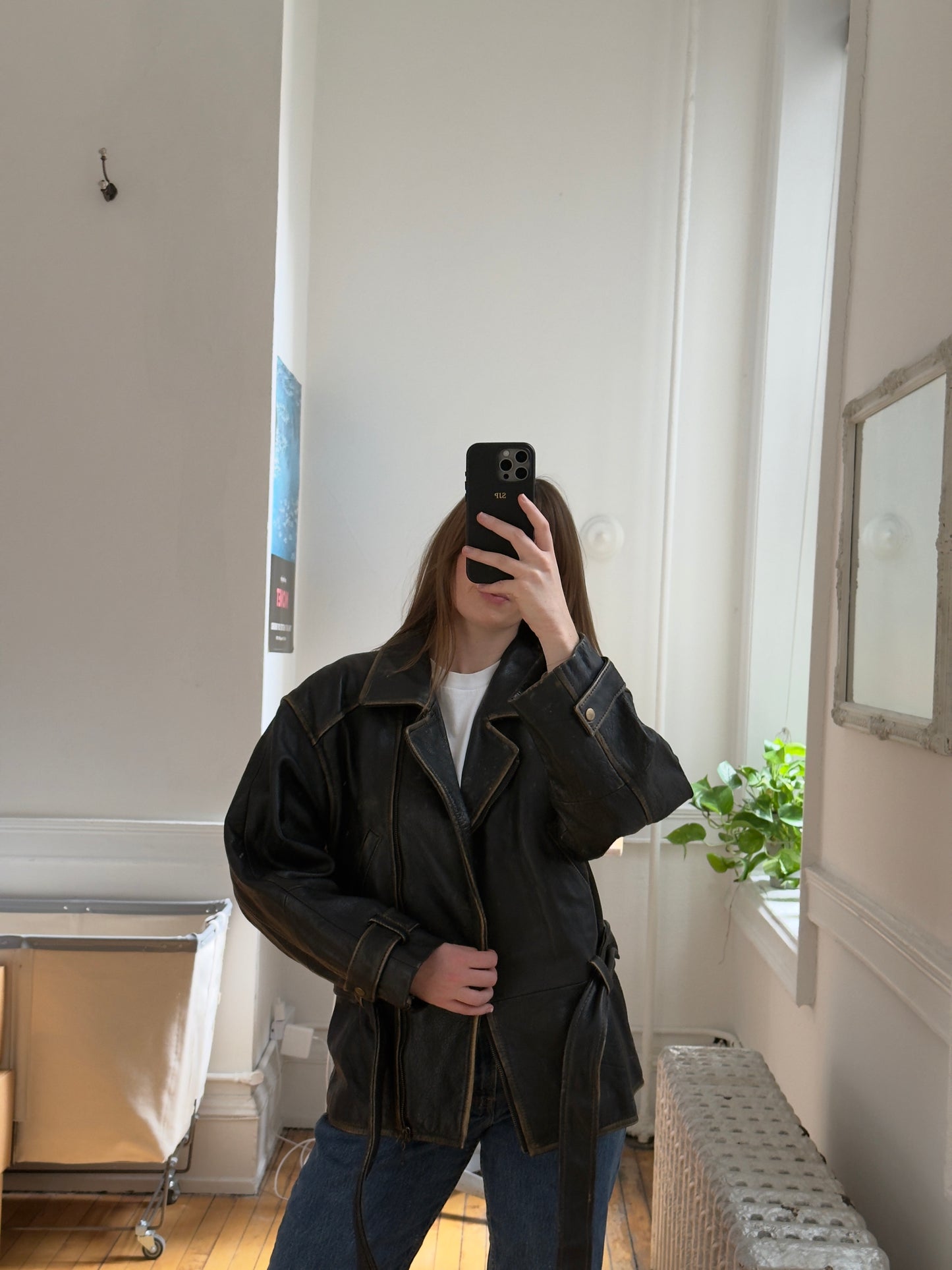 Vintage 90's Distressed Brown Leather Jacket with Belt
