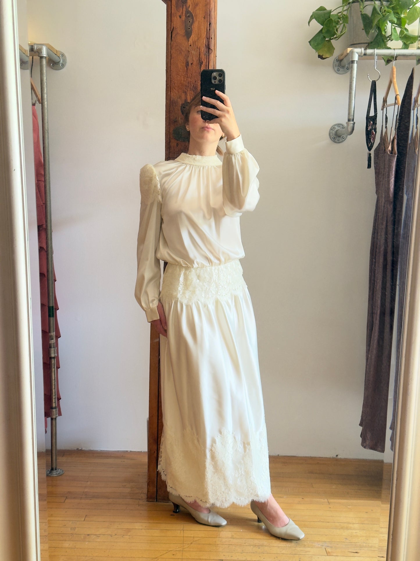 Vintage 70's Silky Long Sleeve Satin Wedding Dress with Lace Detailing