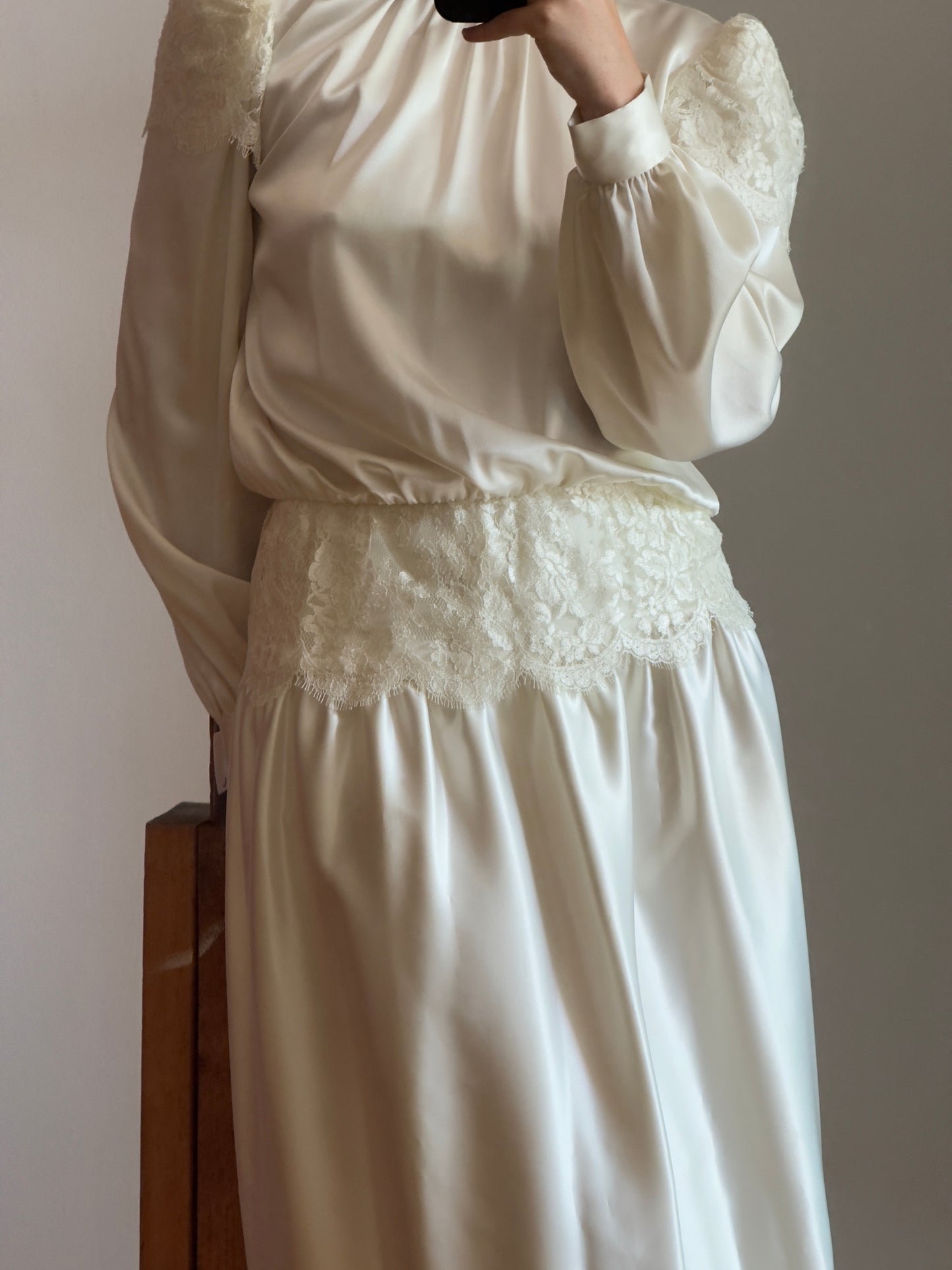 Vintage 70's Silky Long Sleeve Satin Wedding Dress with Lace Detailing