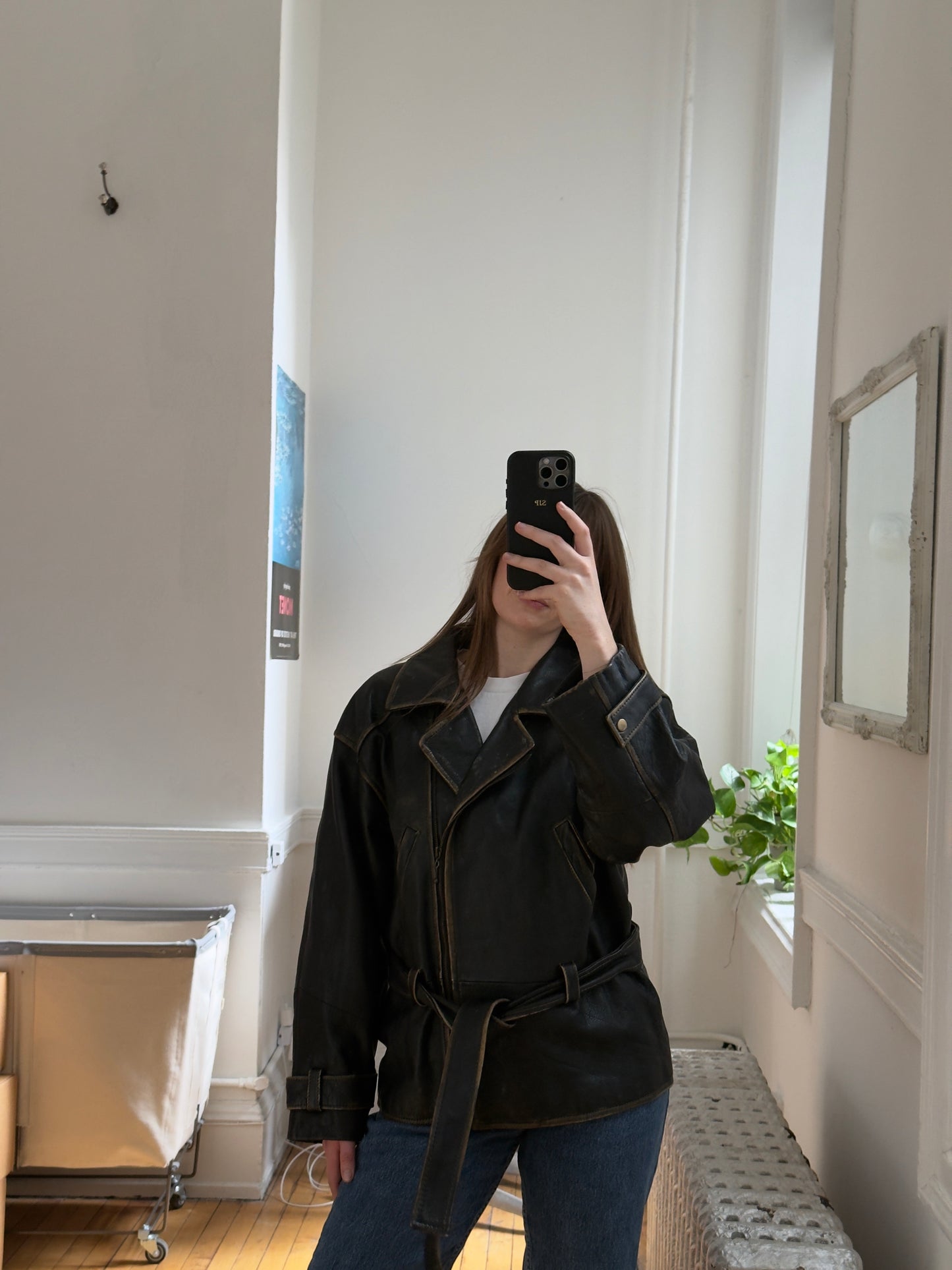 Vintage 90's Distressed Brown Leather Jacket with Belt