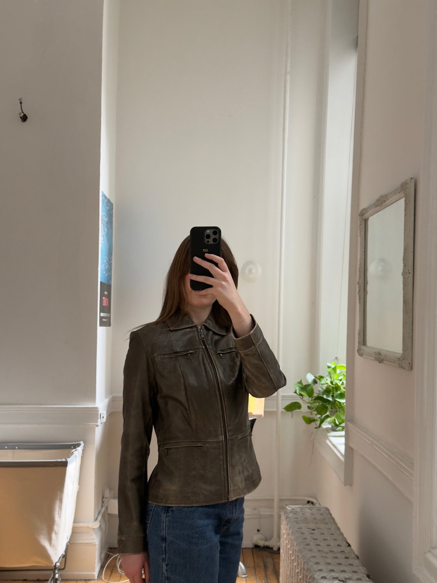 Vintage 90's Distressed Grey Leather Jacket