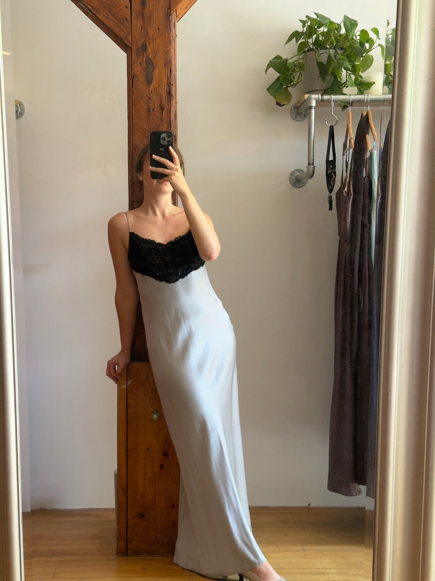 Vintage 90's Ice Blue/Silver Satin Evening Dress