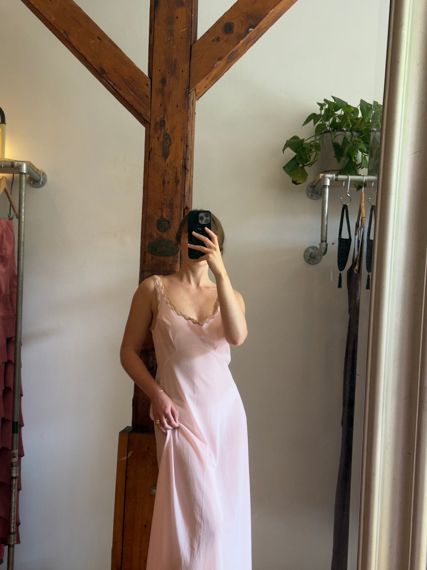Vintage 70's Pink Maxi Slip Dress/Nightgown with Lace Detailing