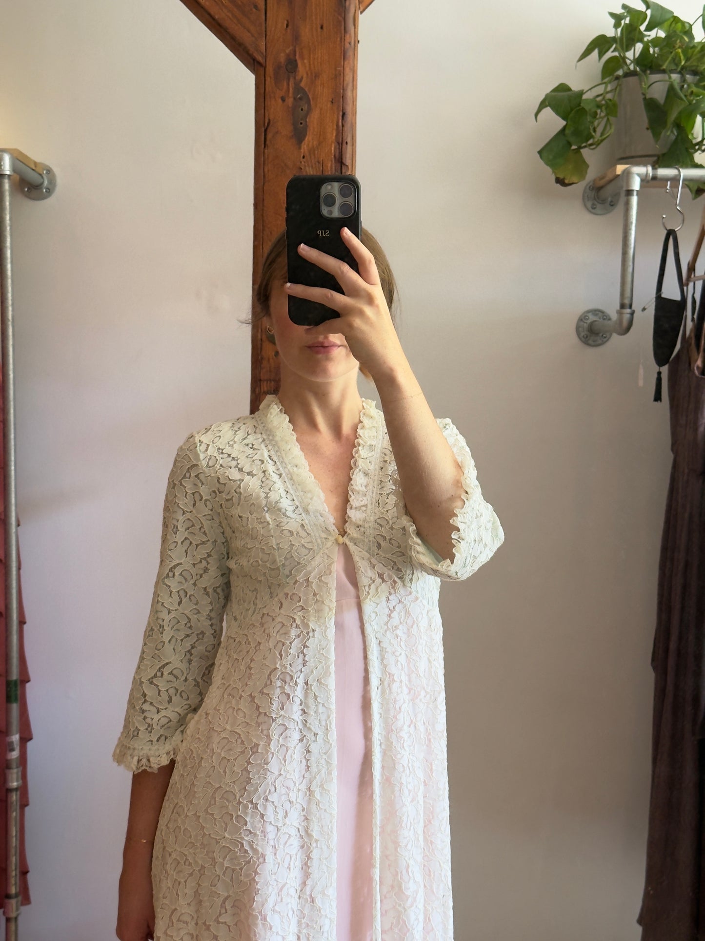 Vintage 60's Cream Lace Overlay Duster Robe with Blue Lining