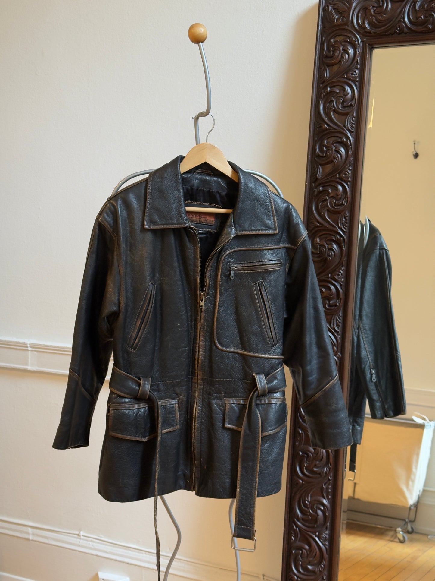 Vintage 80's Distressed Dark Brown/Black Leather Jacket with Belt