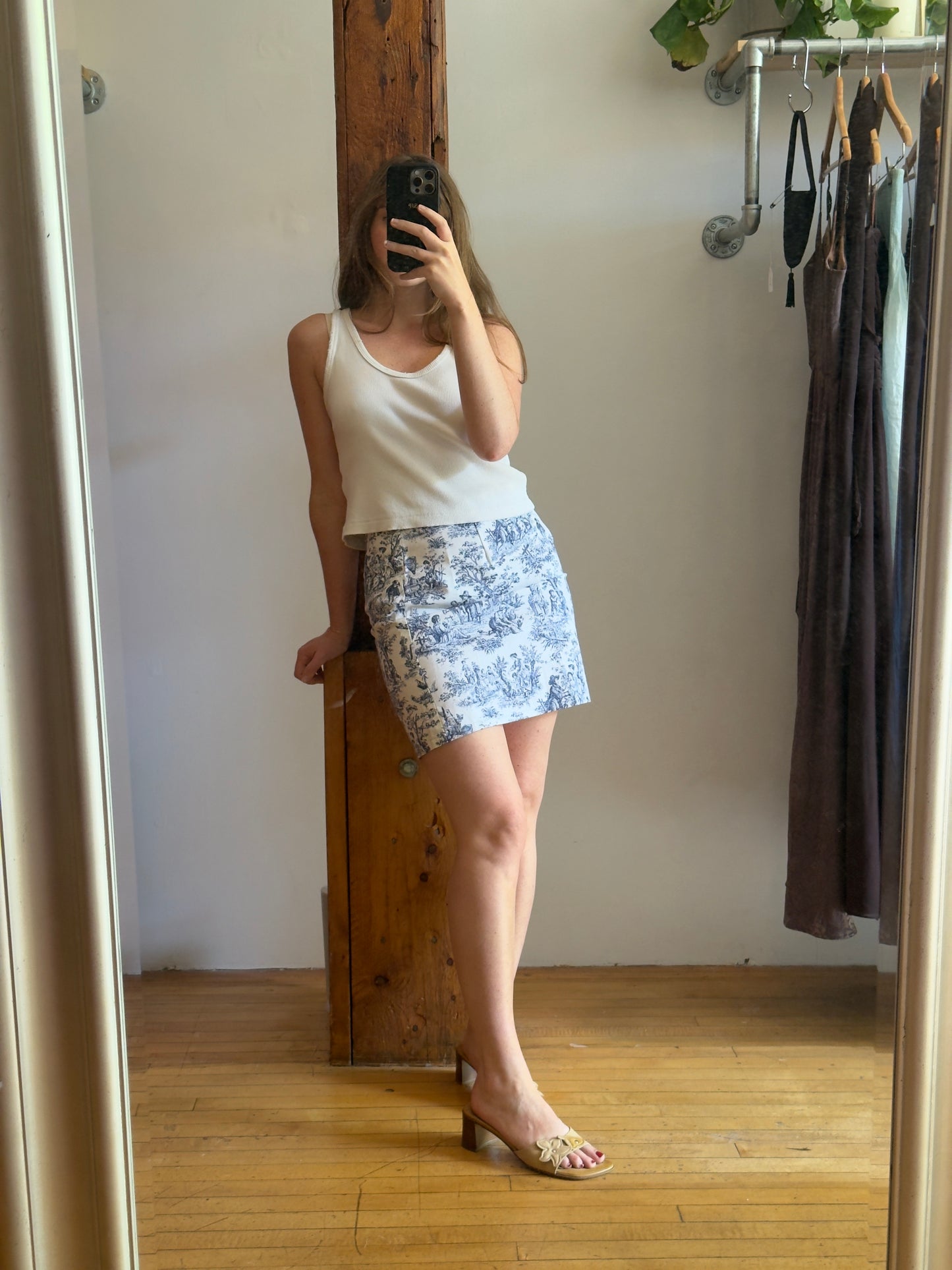 Vintage Reworked Cotton Fabric Blue Toile Mini Skirt