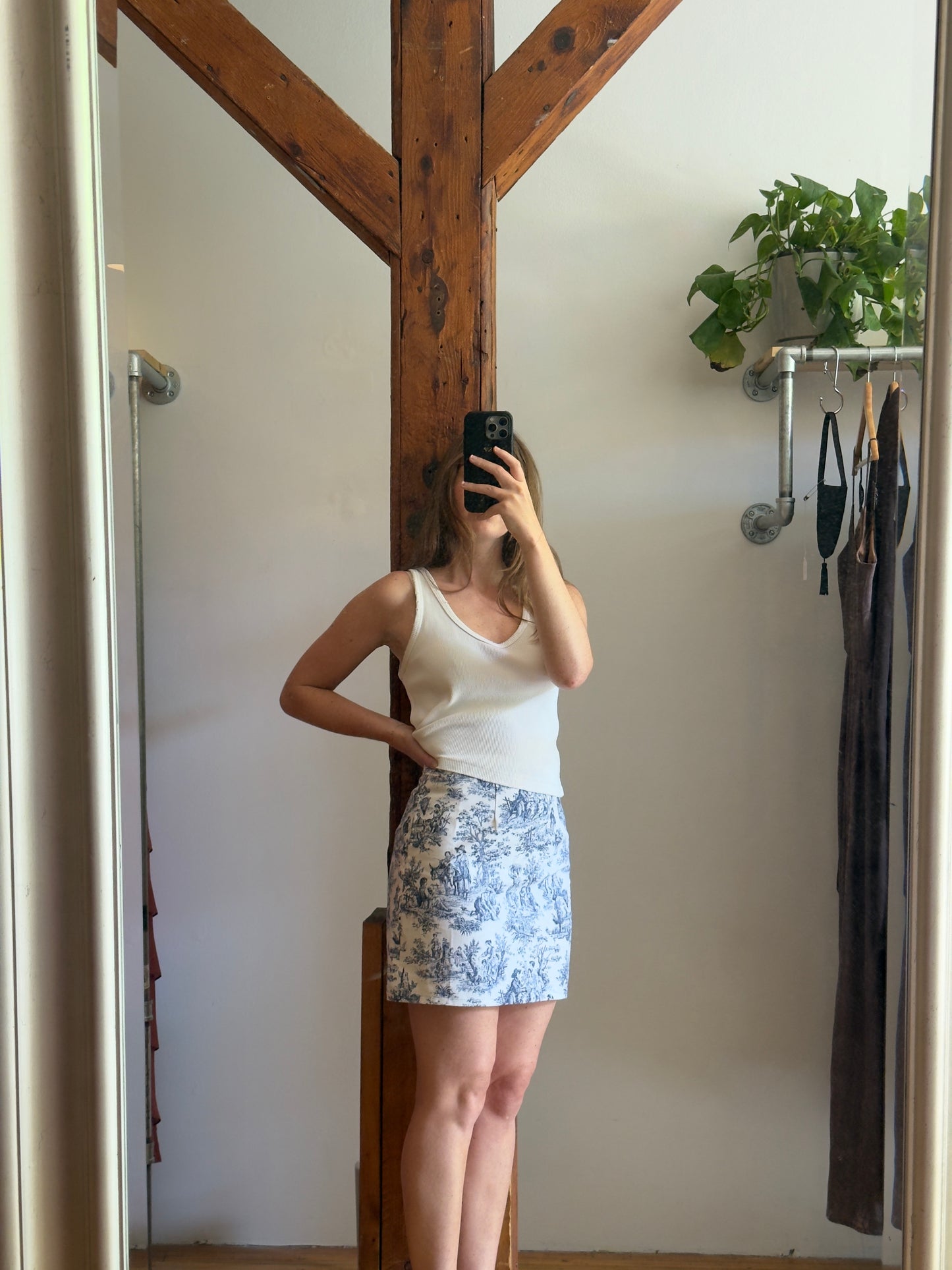 Vintage Reworked Cotton Fabric Blue Toile Mini Skirt