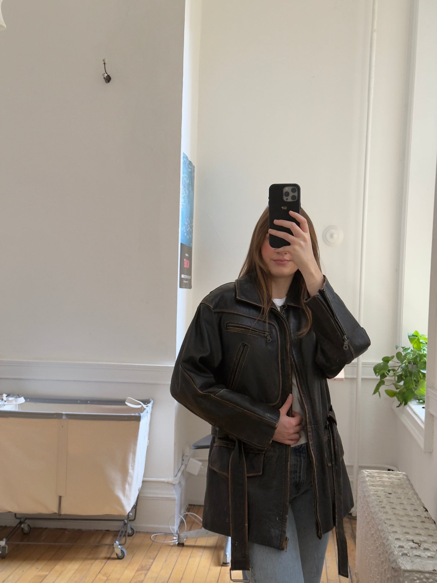 Vintage 80's Distressed Dark Brown/Black Leather Jacket with Belt