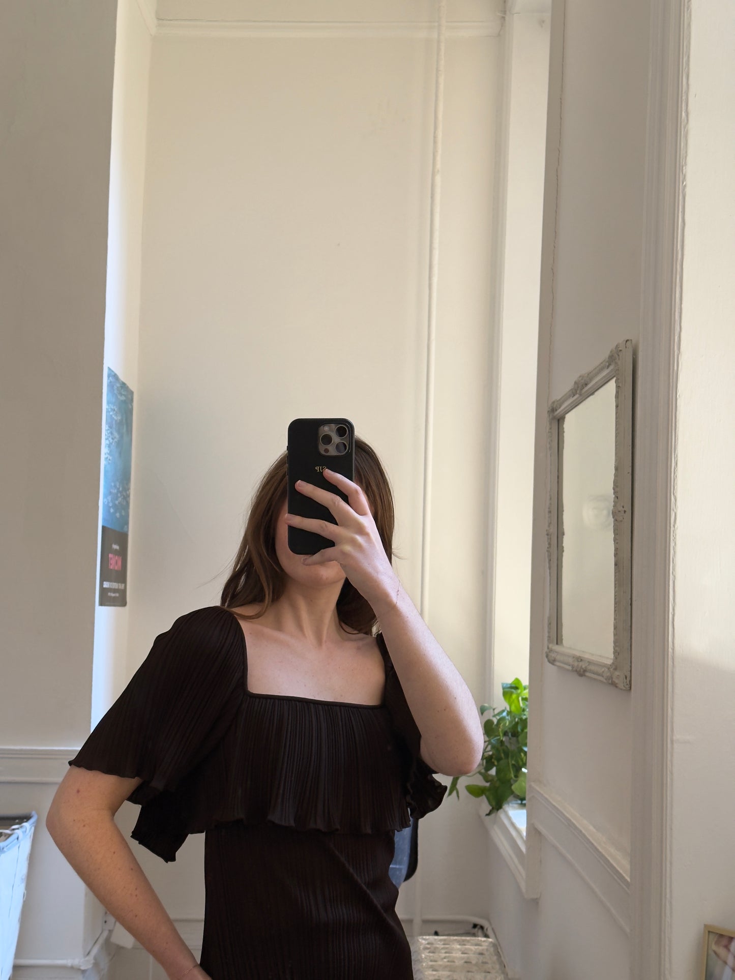 Vintage 50's Brown Pleated Evening Dress with Square Neckline