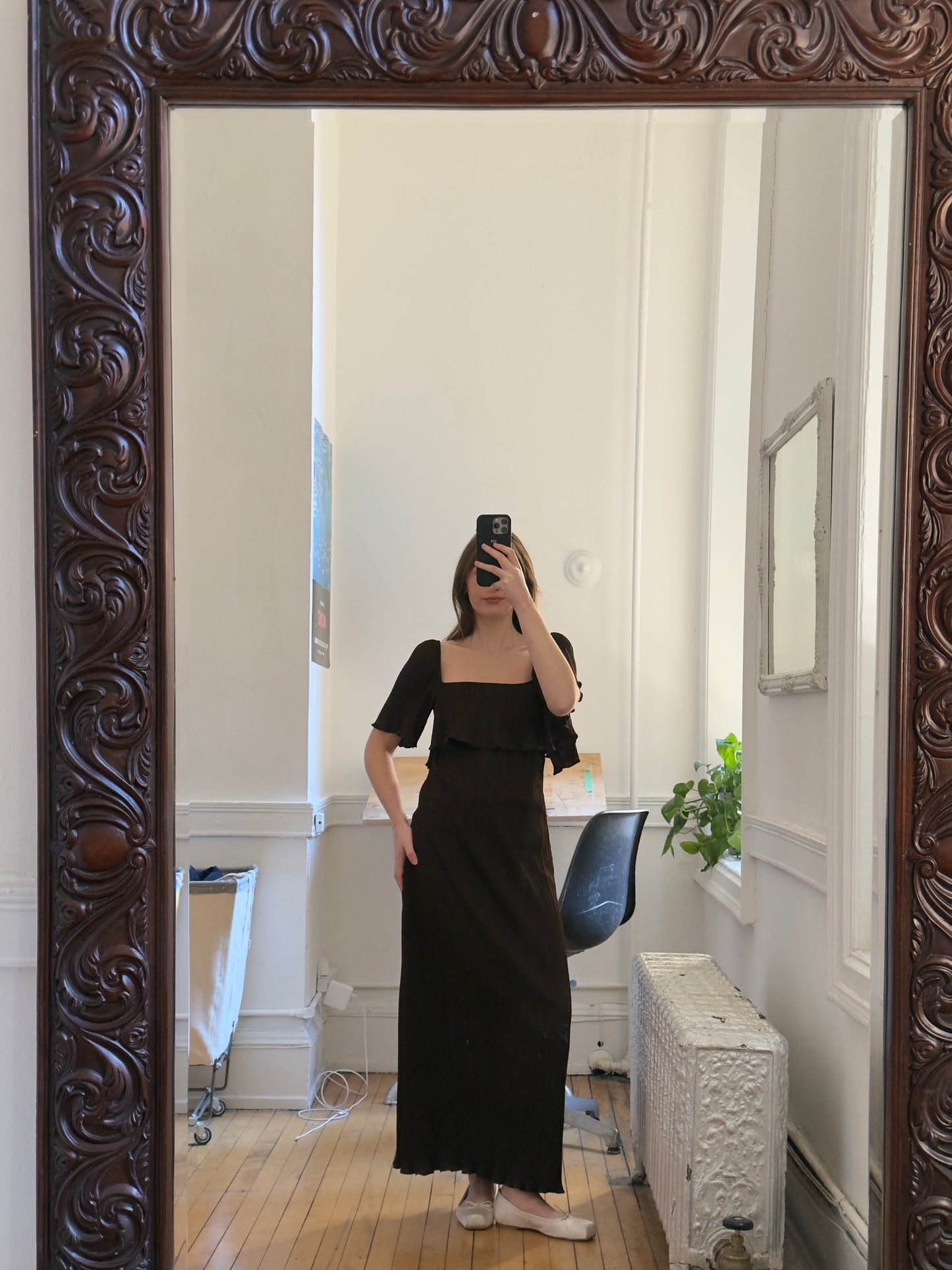 Vintage 50's Brown Pleated Evening Dress with Square Neckline