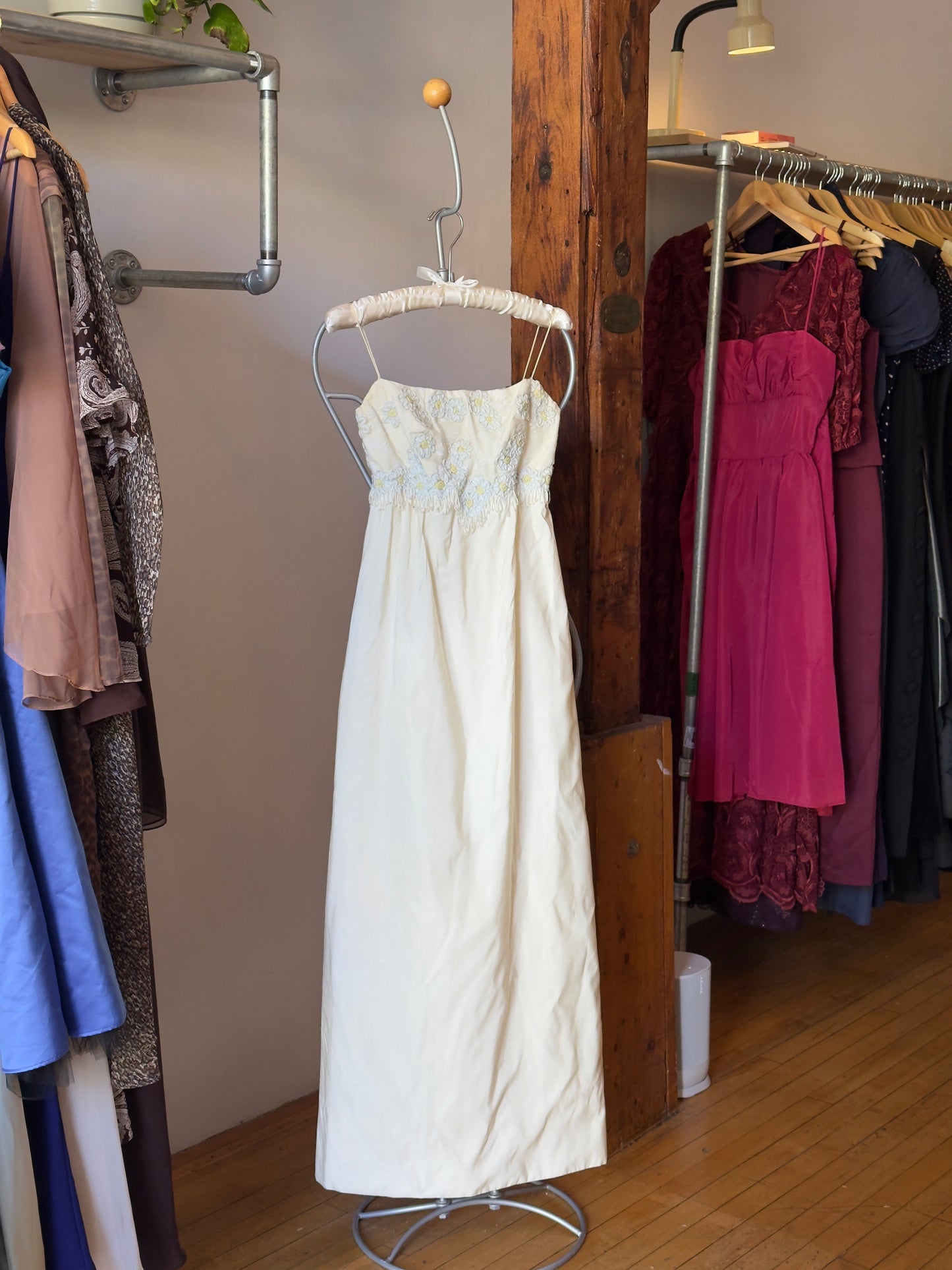 Vintage 60's Satin Wedding Dress with Embroidered Flowers and Fringe Beading
