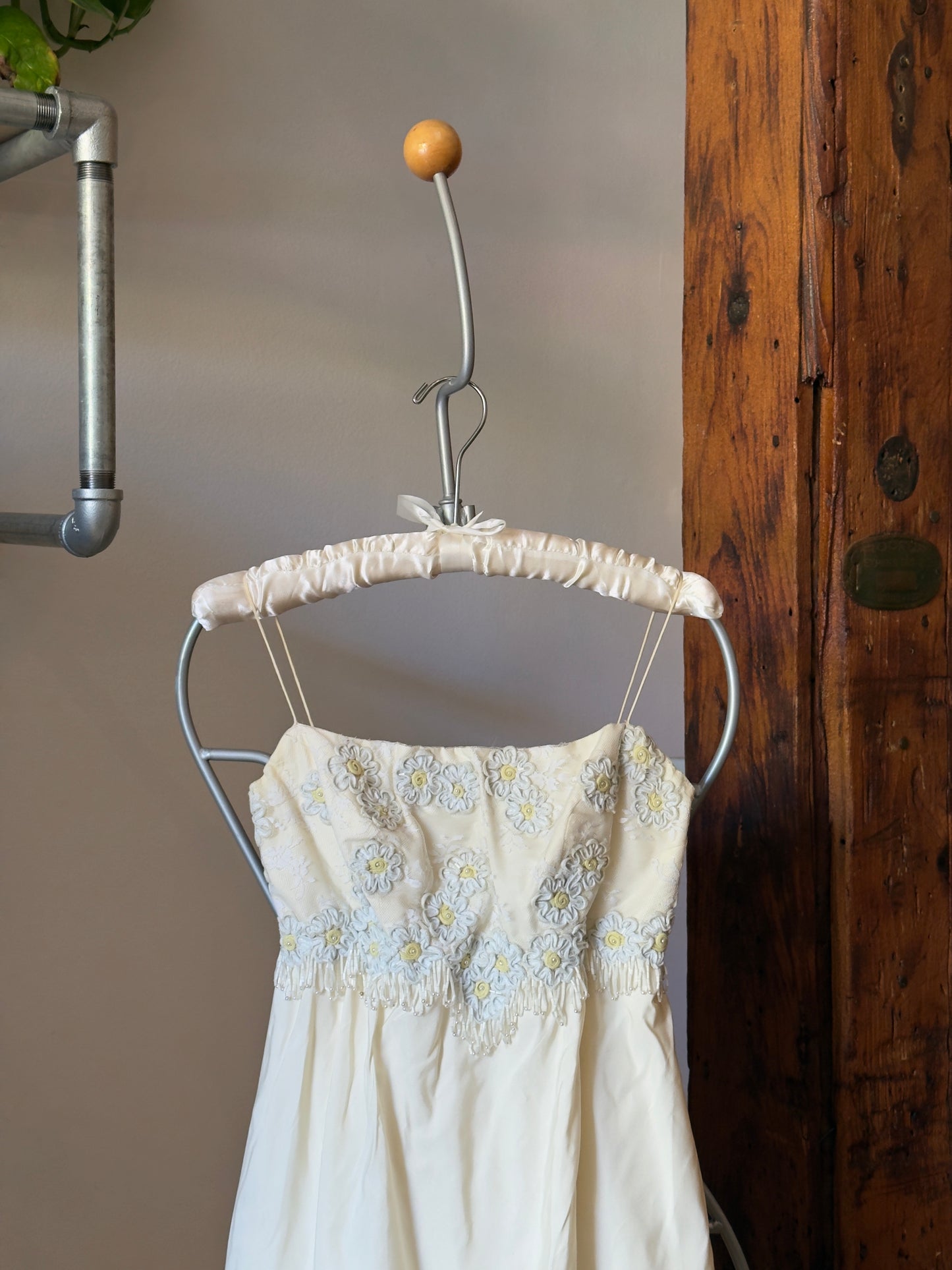 Vintage 60's Satin Wedding Dress with Embroidered Flowers and Fringe Beading