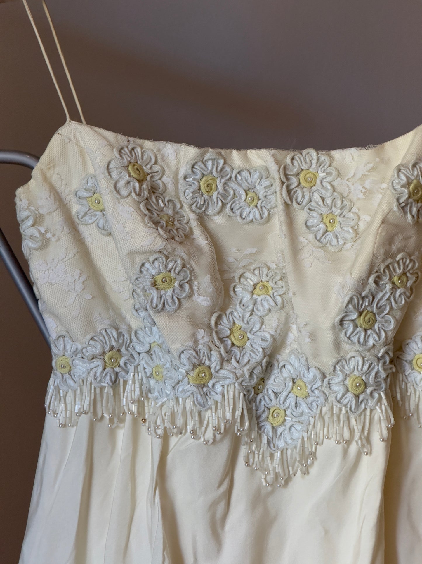 Vintage 60's Satin Wedding Dress with Embroidered Flowers and Fringe Beading