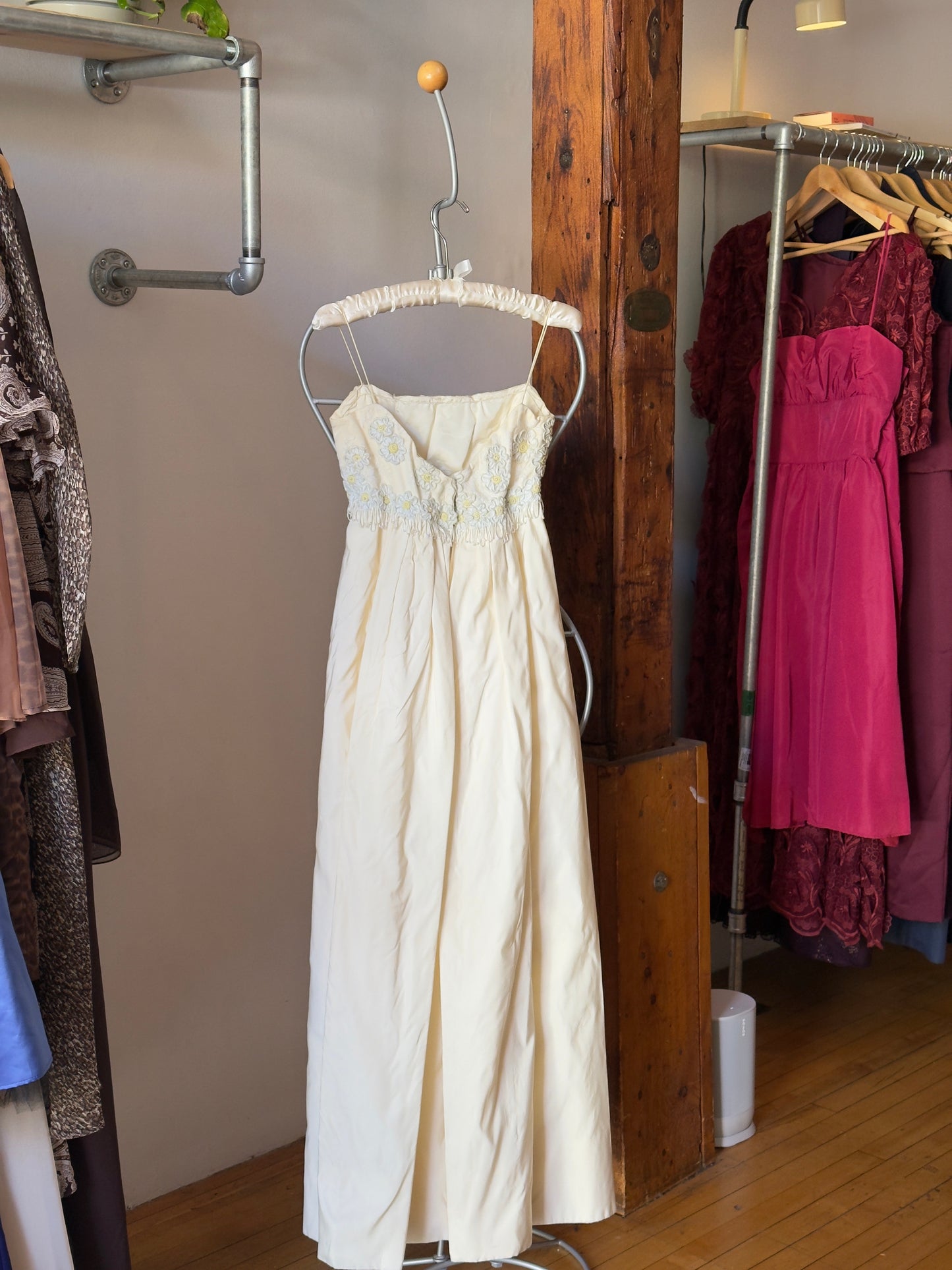 Vintage 60's Satin Wedding Dress with Embroidered Flowers and Fringe Beading