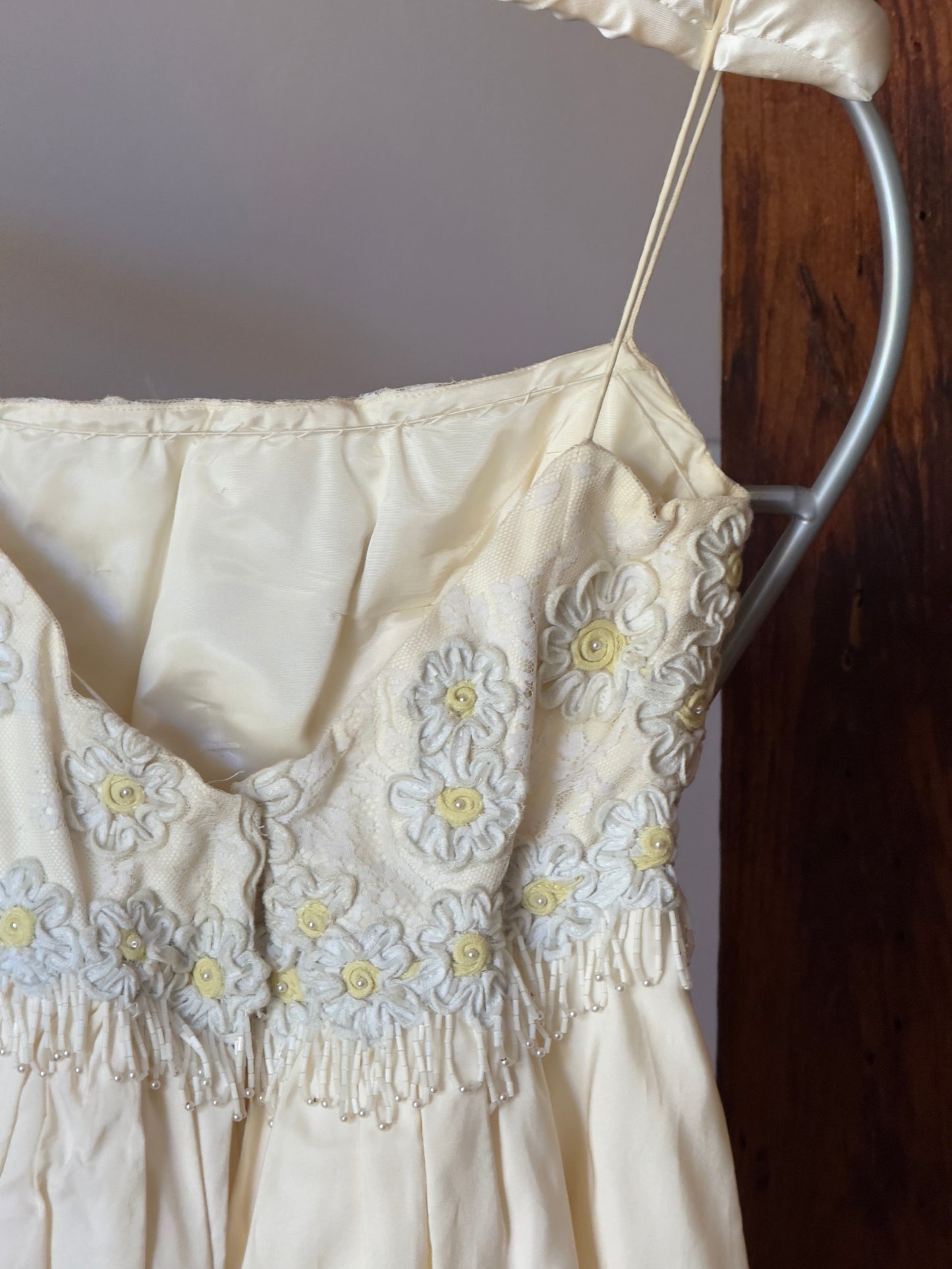 Vintage 60's Satin Wedding Dress with Embroidered Flowers and Fringe Beading