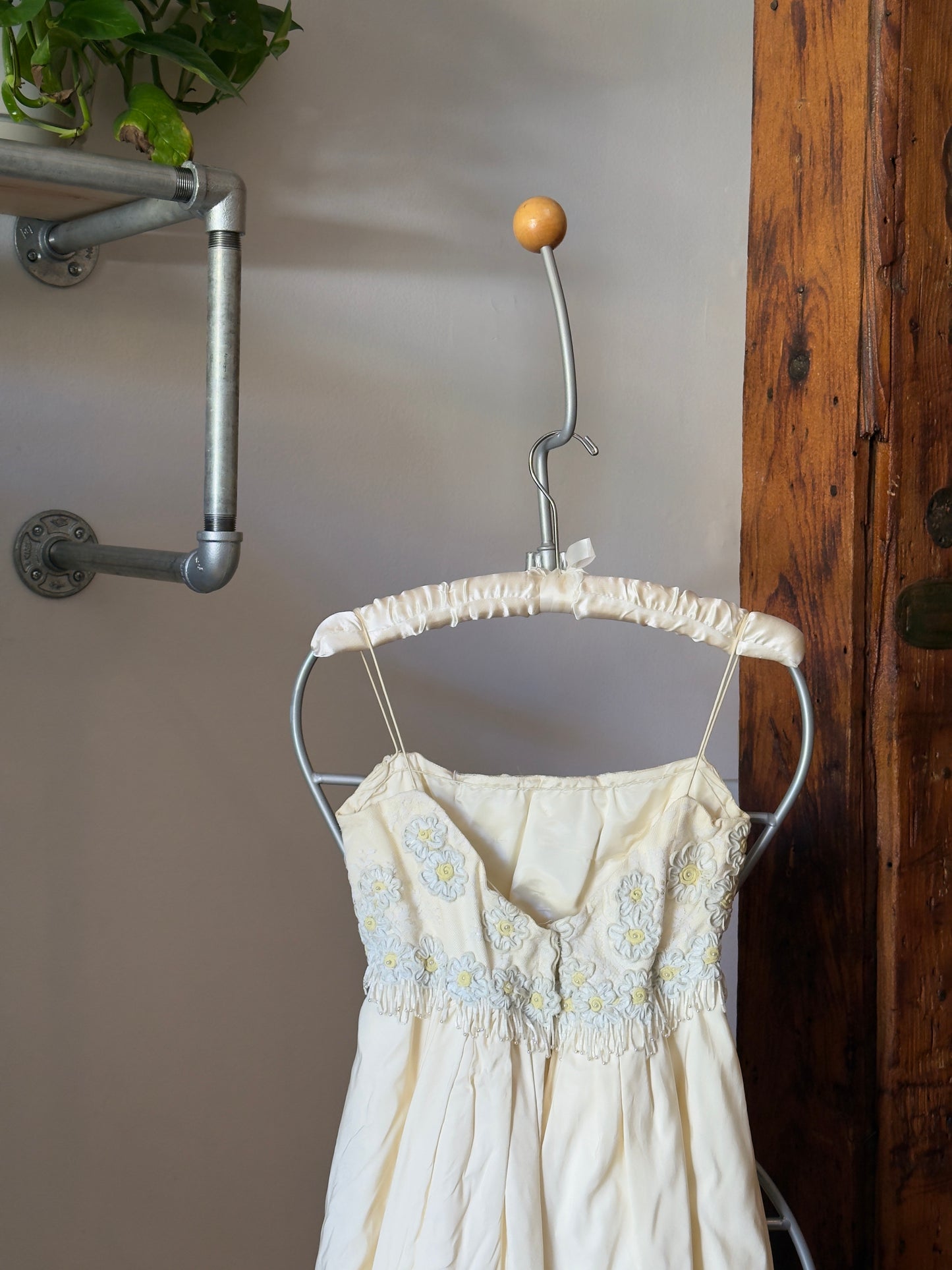 Vintage 60's Satin Wedding Dress with Embroidered Flowers and Fringe Beading