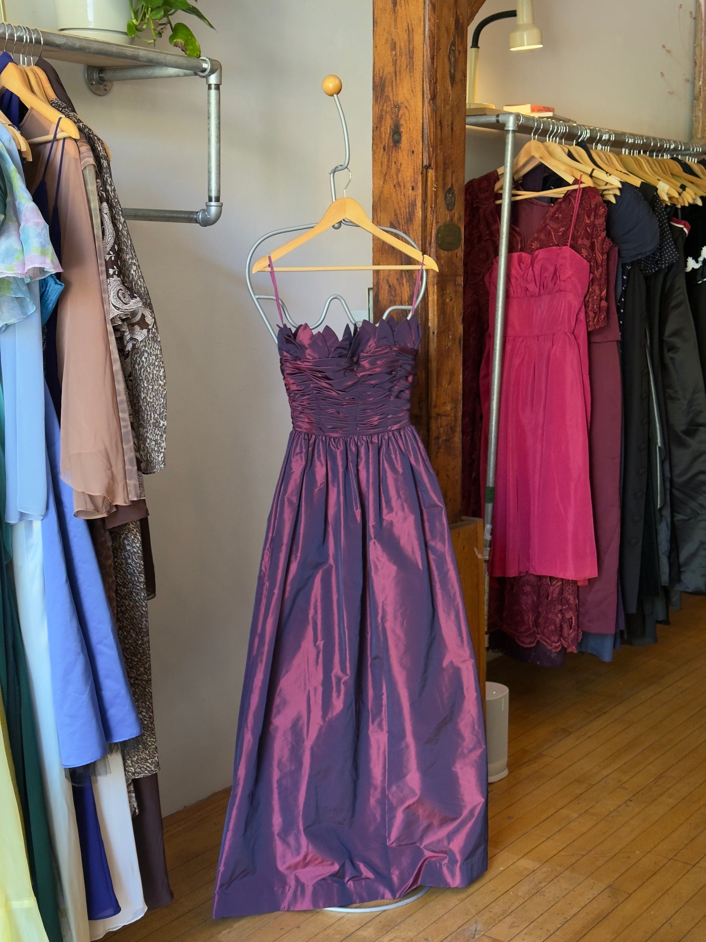 Vintage 80's Purple Wine Taffeta Evening Dress with Tulip Neckline
