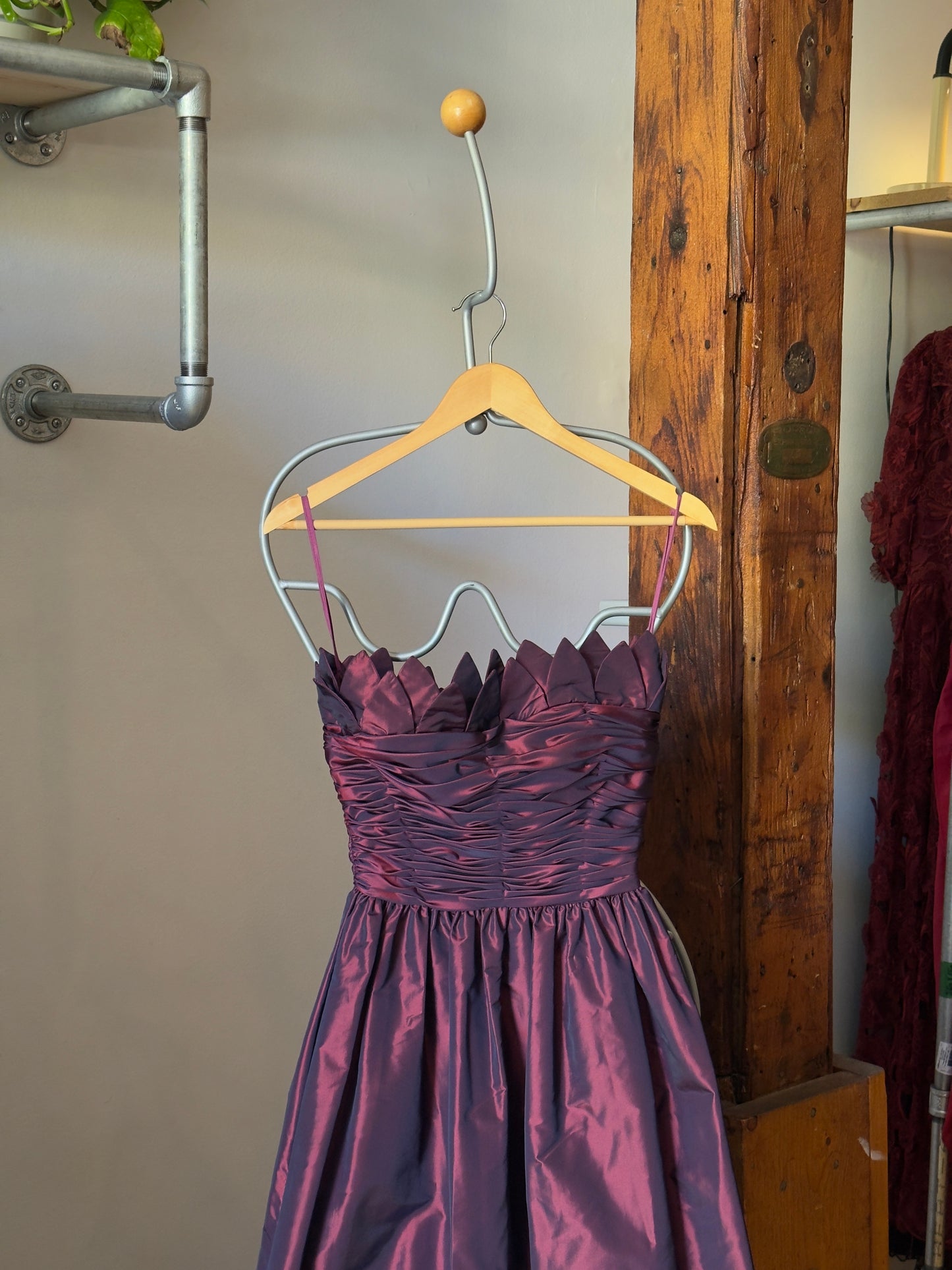 Vintage 80's Purple Wine Taffeta Evening Dress with Tulip Neckline