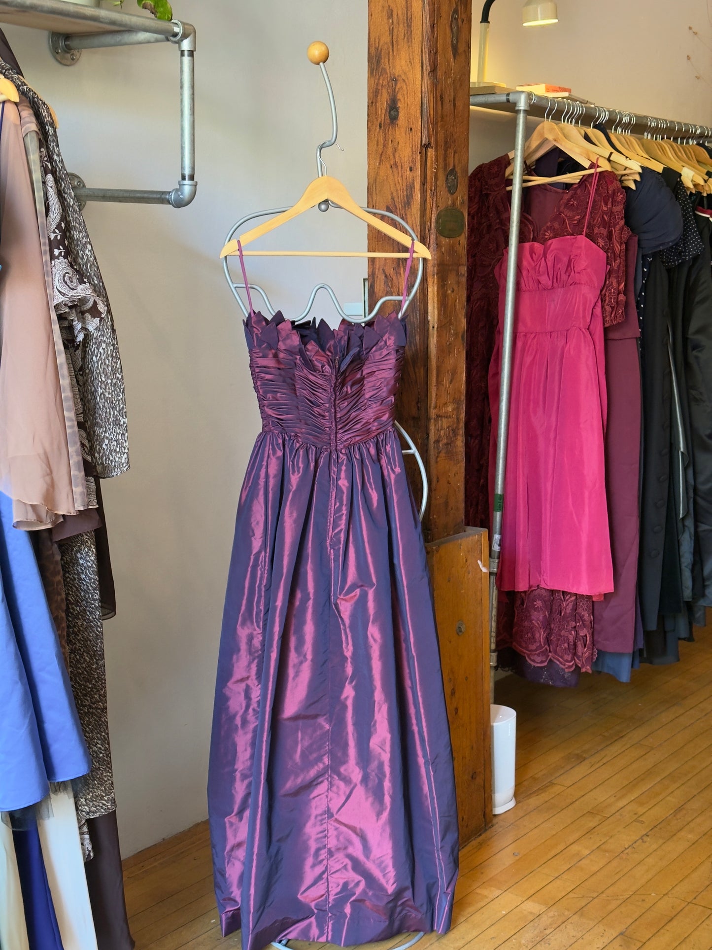 Vintage 80's Purple Wine Taffeta Evening Dress with Tulip Neckline