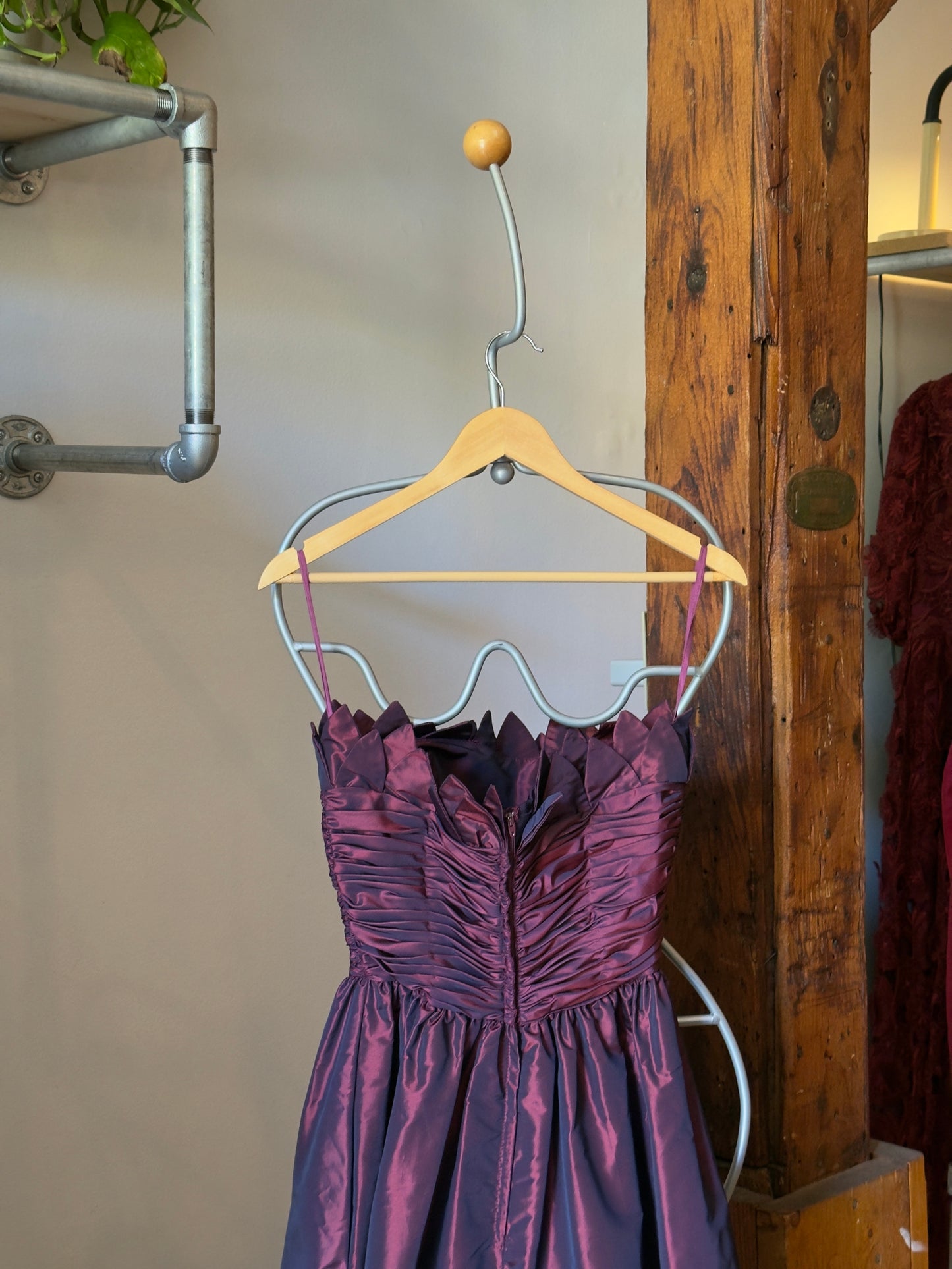 Vintage 80's Purple Wine Taffeta Evening Dress with Tulip Neckline