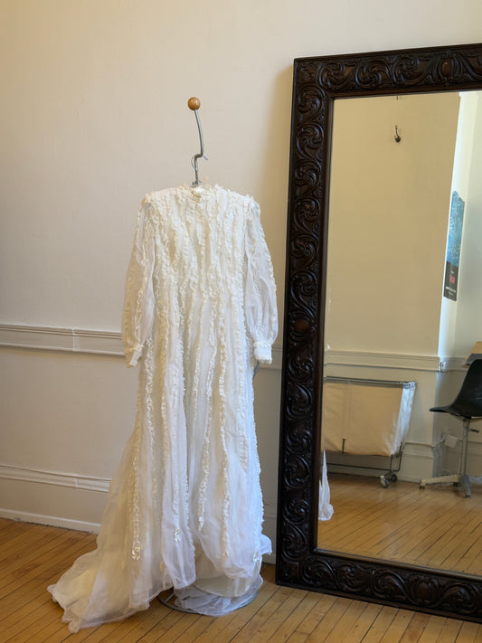 Vintage 60's Sheer Chiffon Wedding Dress with Lace Ruffles