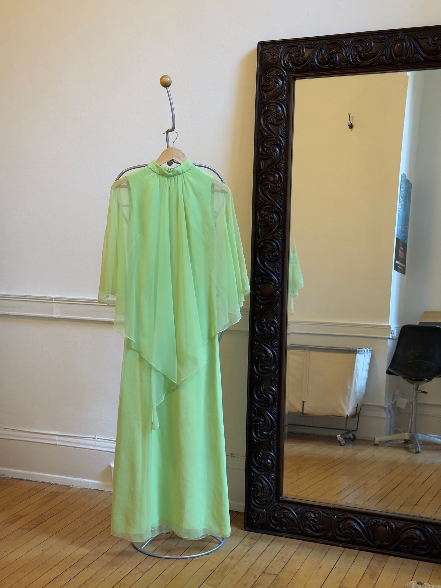 Vintage 70's Chartreuse Evening Dress with Sheer Cape Overlay