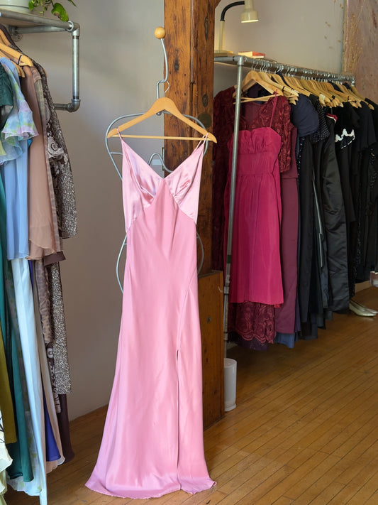 Vintage 90's Pink Satin Chiffon Evening Dress with Contrasting Bust and Leg Slit