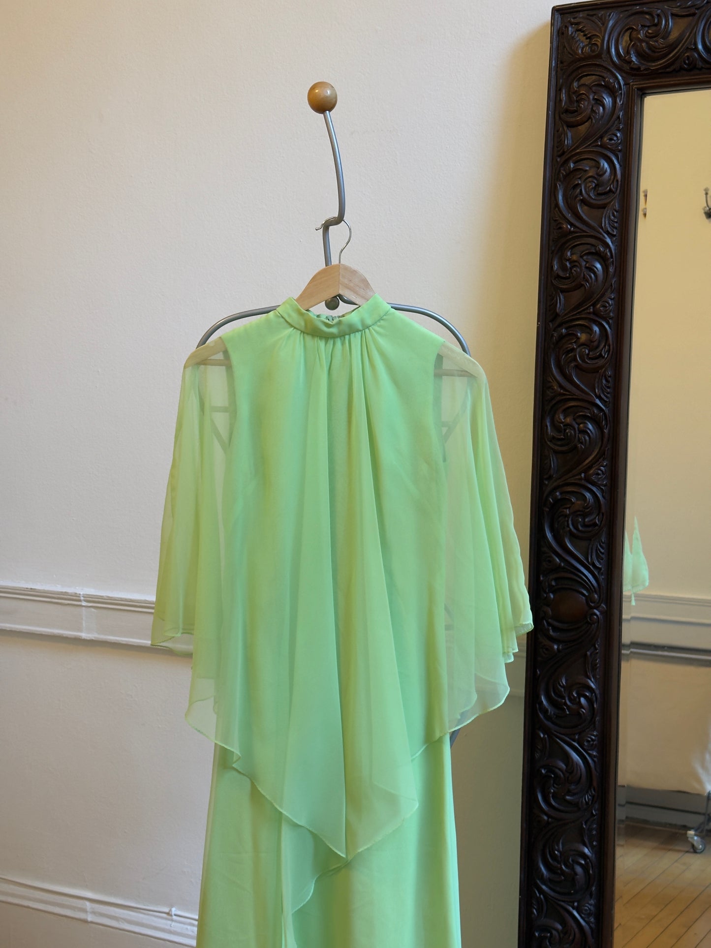 Vintage 70's Chartreuse Evening Dress with Sheer Cape Overlay