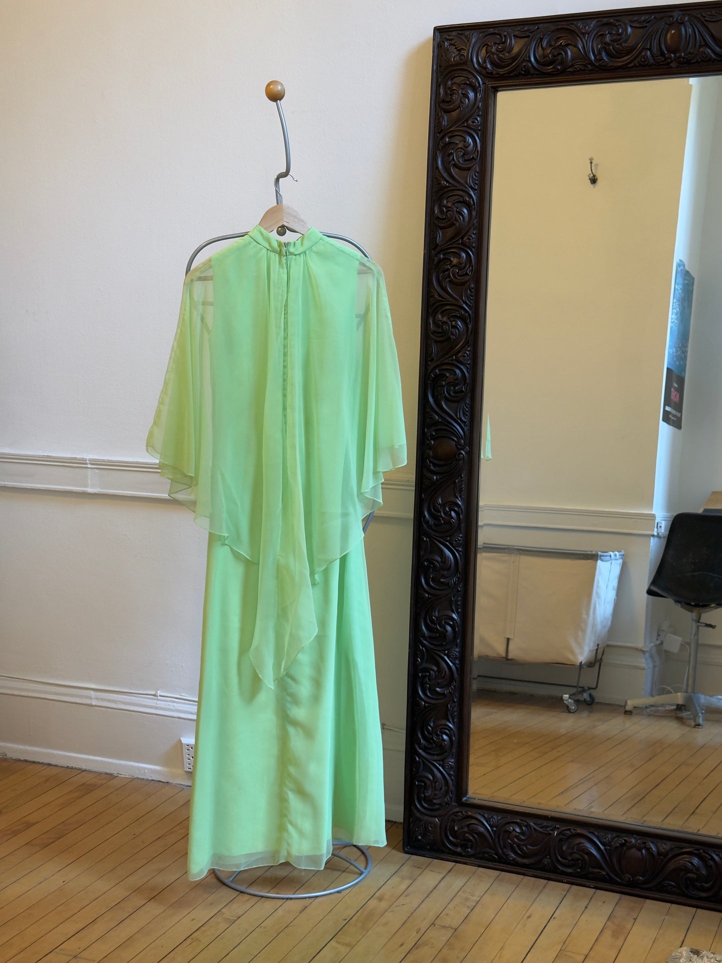 Vintage 70's Chartreuse Evening Dress with Sheer Cape Overlay