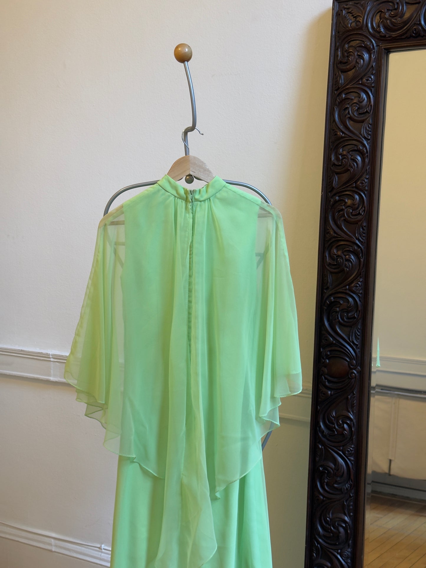 Vintage 70's Chartreuse Evening Dress with Sheer Cape Overlay