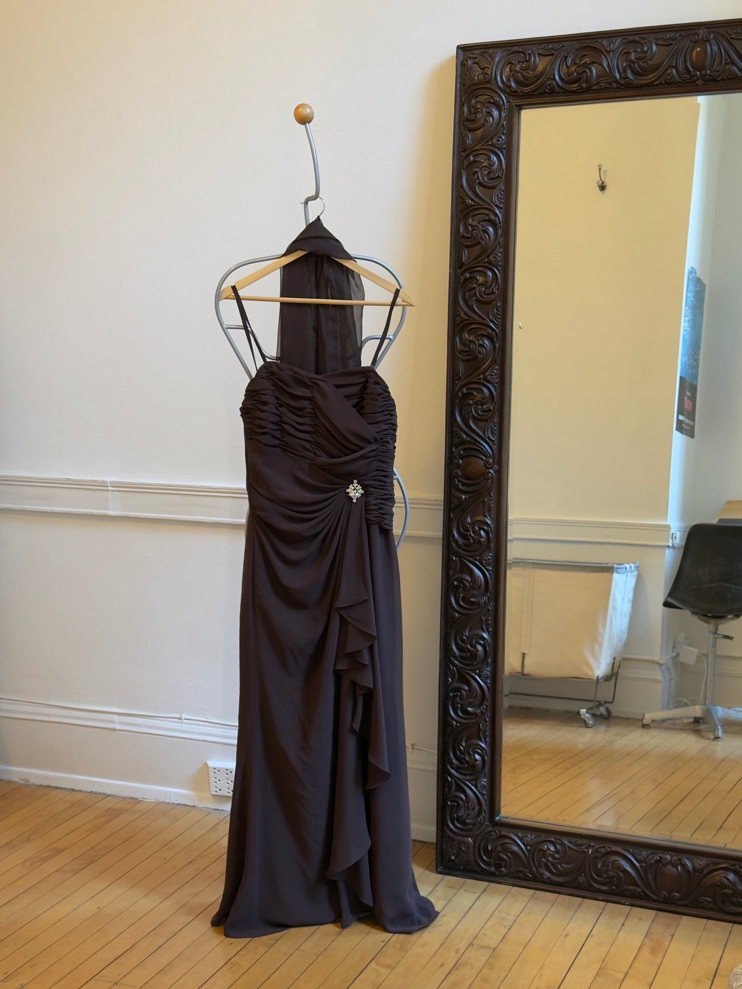 Vintage 80's Brown Chiffon Evening Dress with Neck Scarf