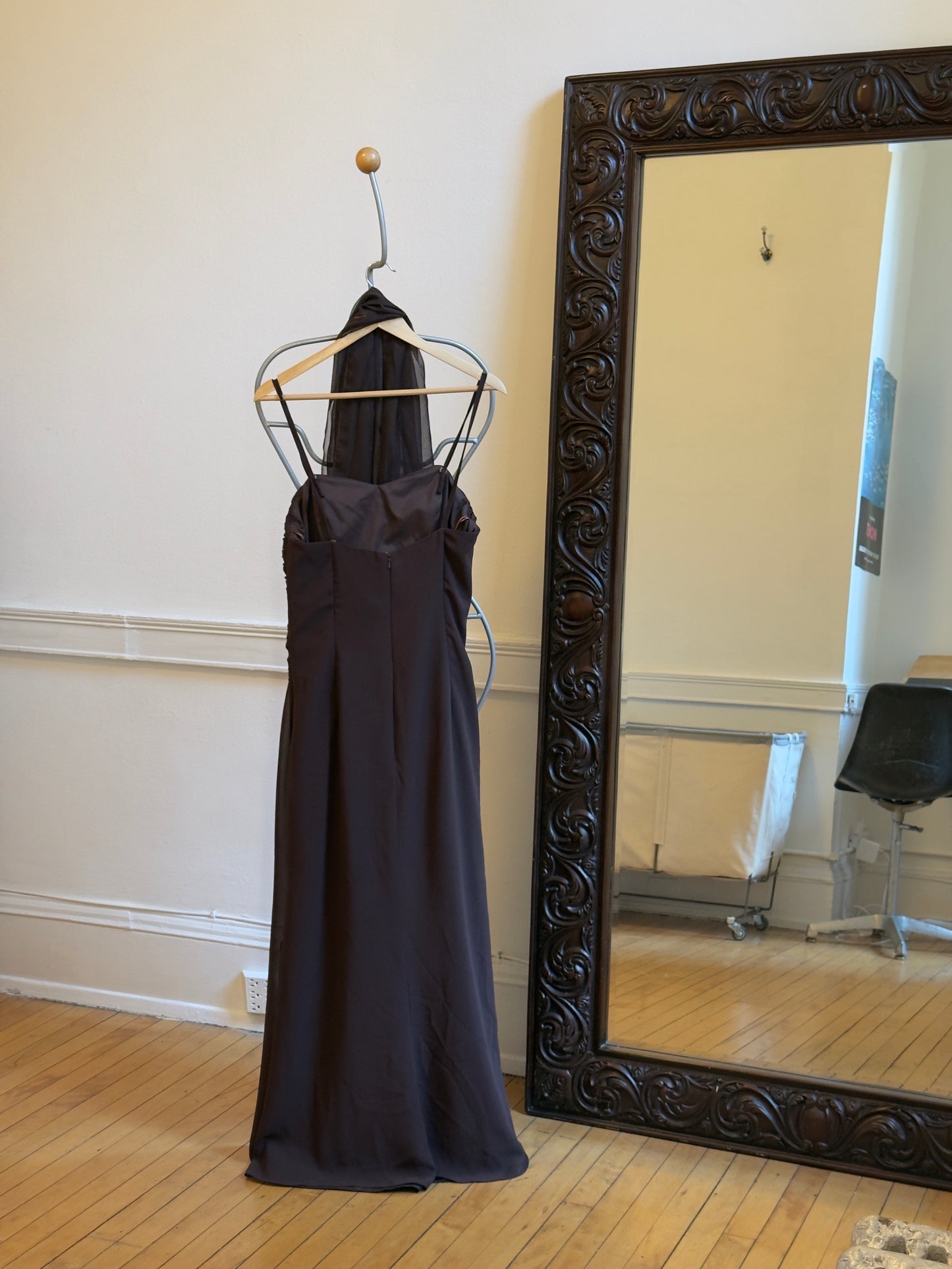 Vintage 80's Brown Chiffon Evening Dress with Neck Scarf