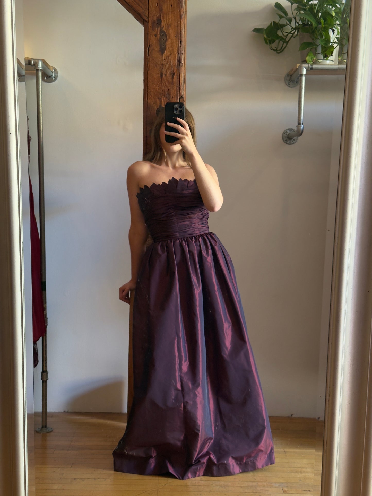 Vintage 80's Purple Wine Taffeta Evening Dress with Tulip Neckline